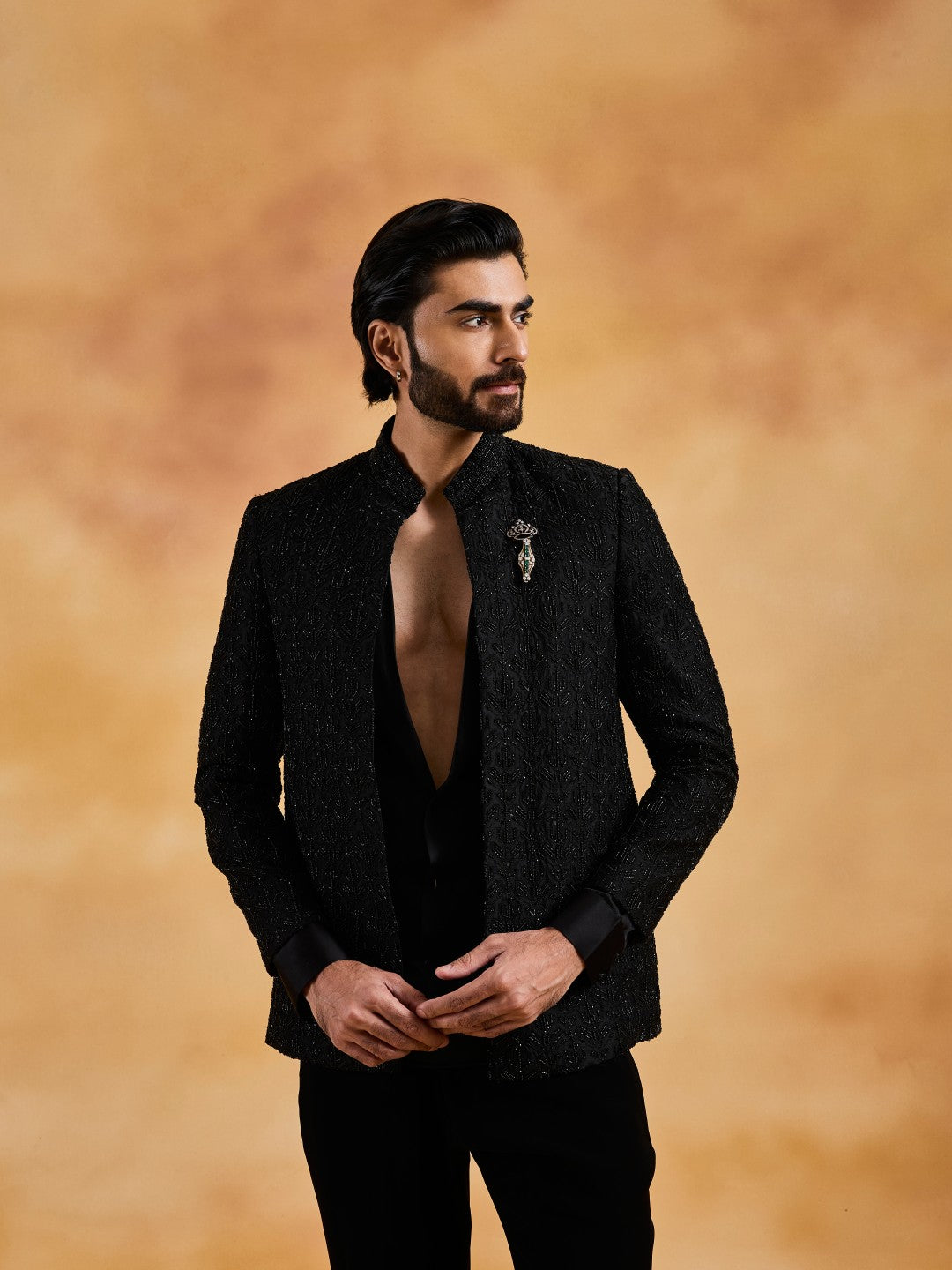 BLACK OPEN JACKET WITH COWLED SHIRT AND PANT
