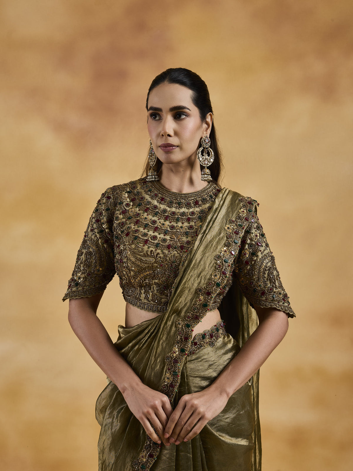 Green-Gold Jewelled Saree Set