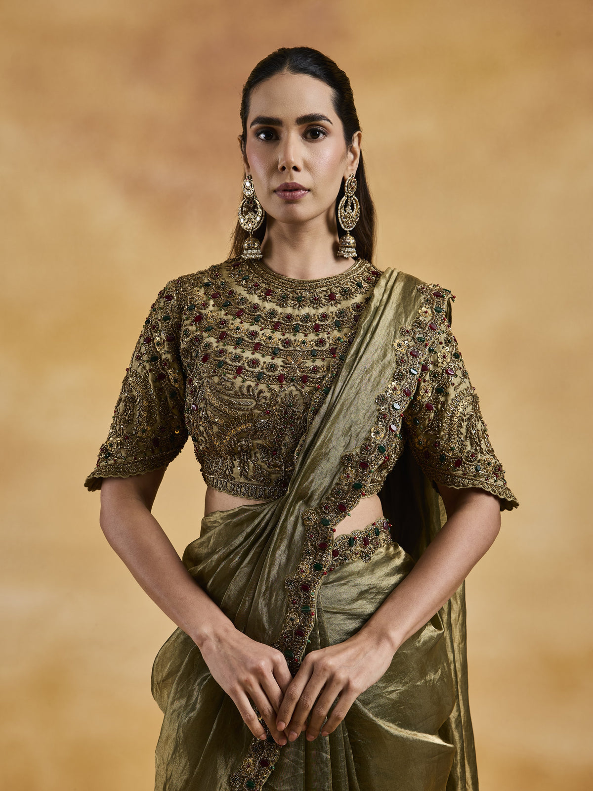 Green-Gold Jewelled Saree Set