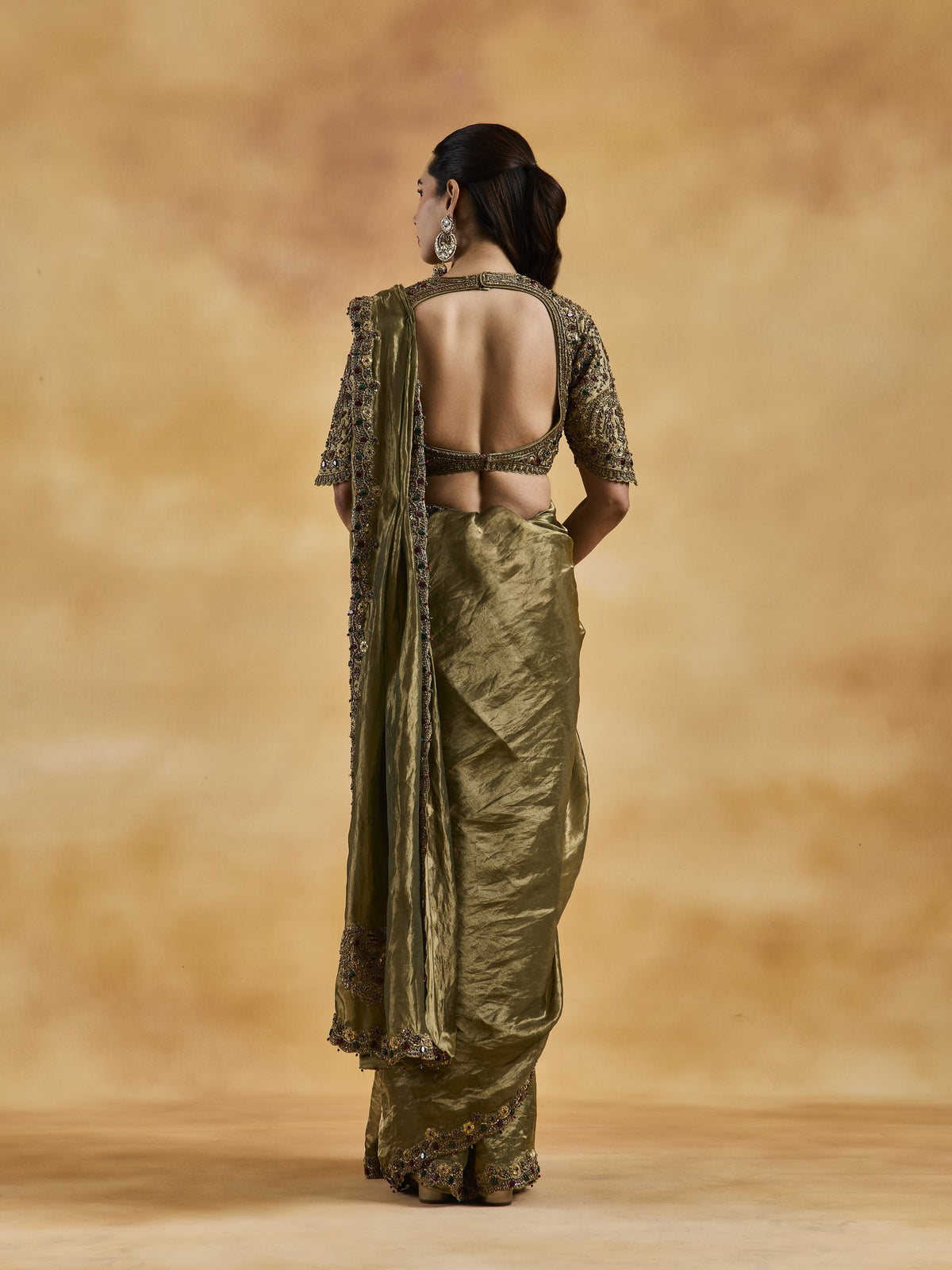 Green-Gold Jewelled Saree Set