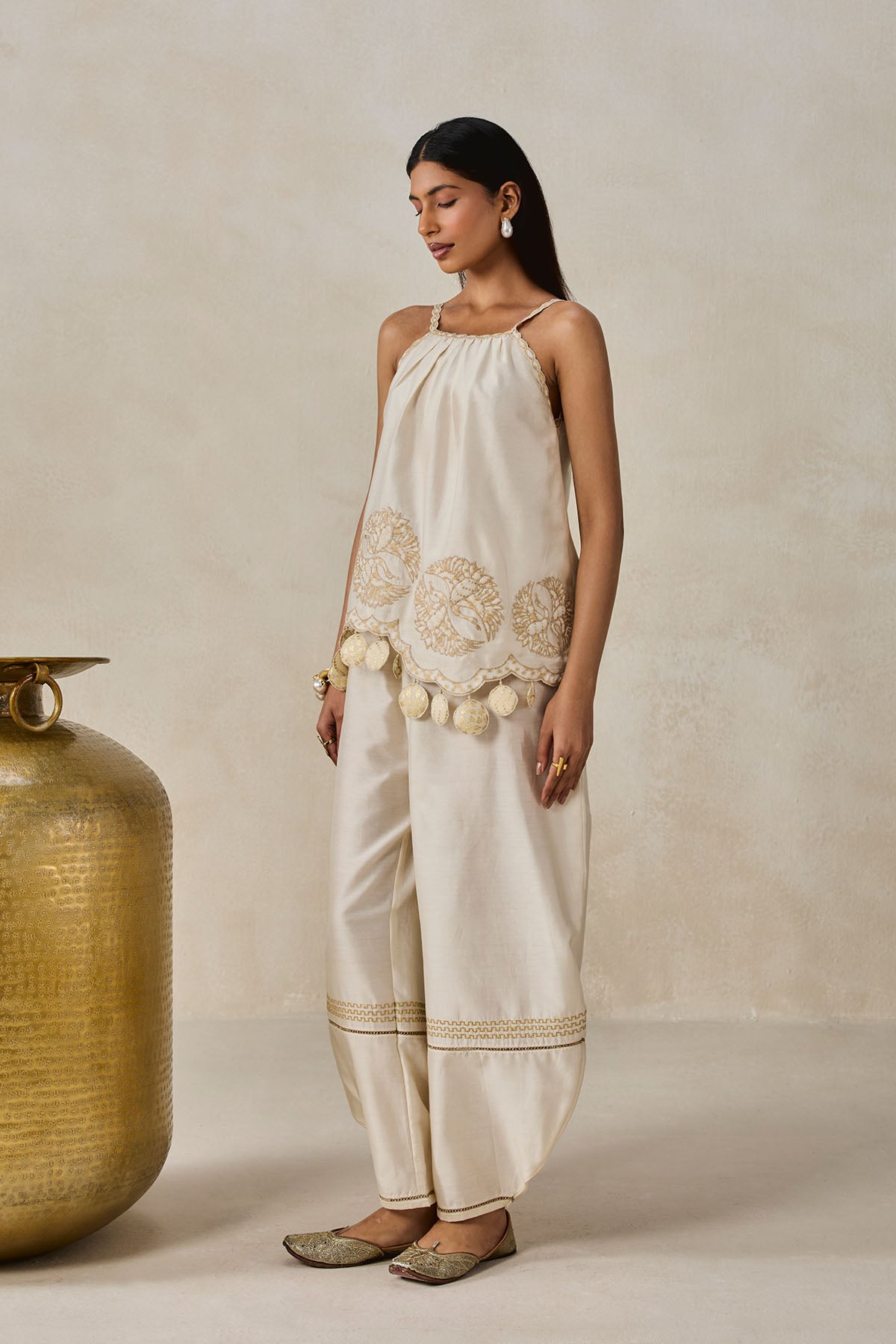 Chanderi Applique Embroidery Strappy Short Top And Palazo Set