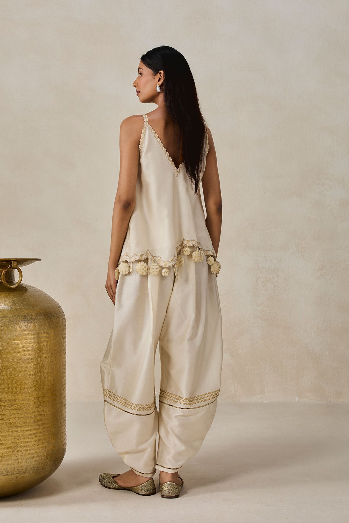Chanderi Applique Embroidery Strappy Short Top And Palazo Set