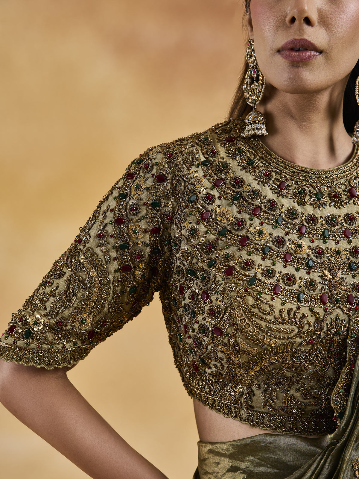 Green-Gold Jewelled Saree Set