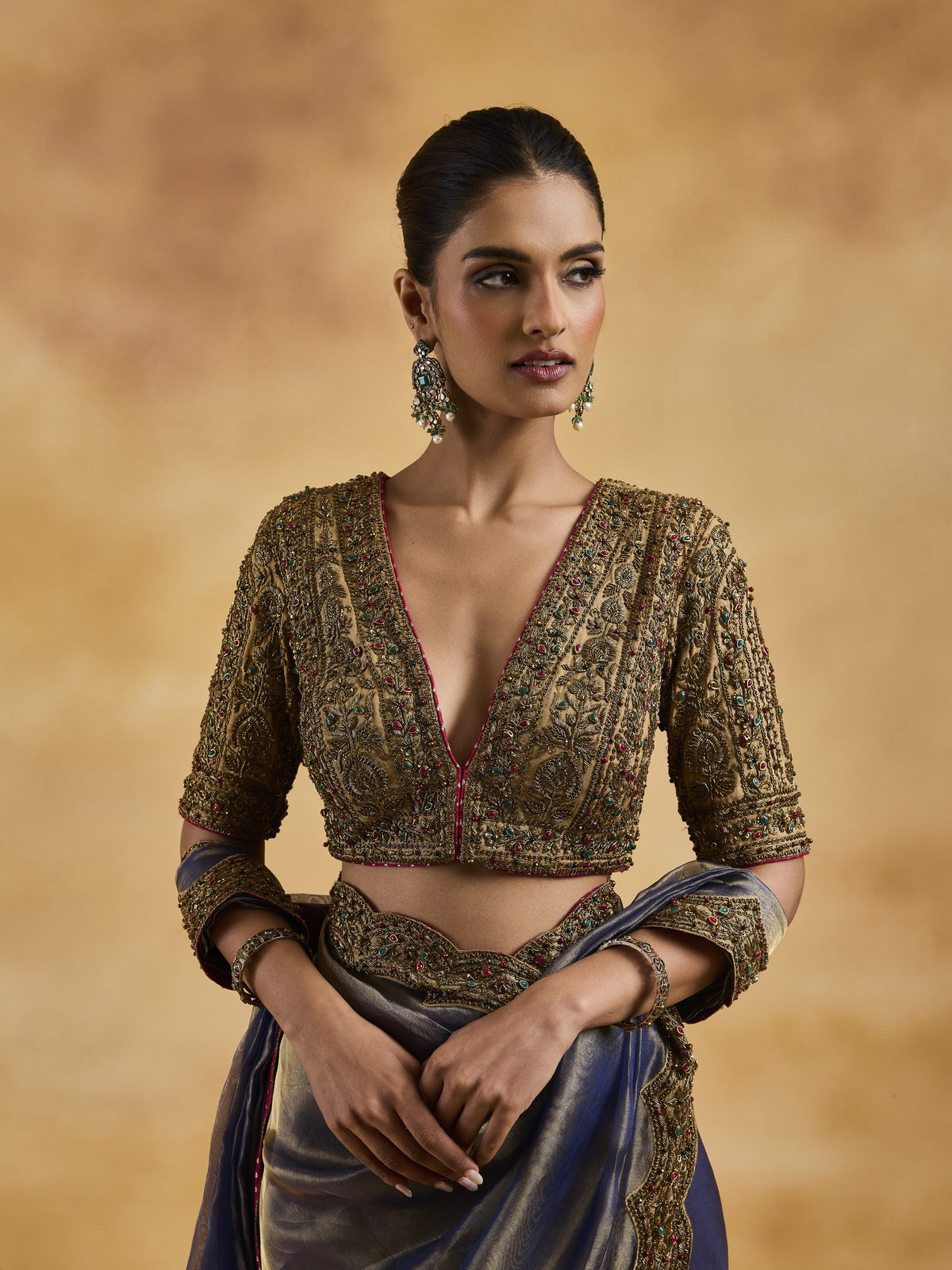 Blue-Gold Zardozi Saree Set