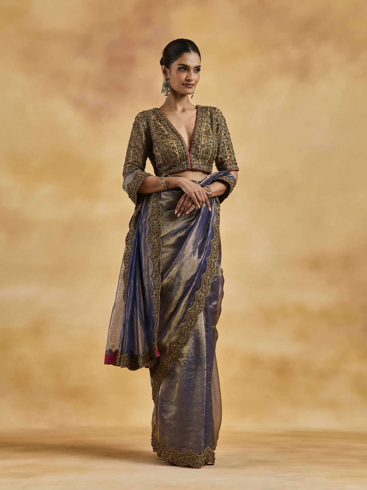 Blue-Gold Zardozi Saree Set
