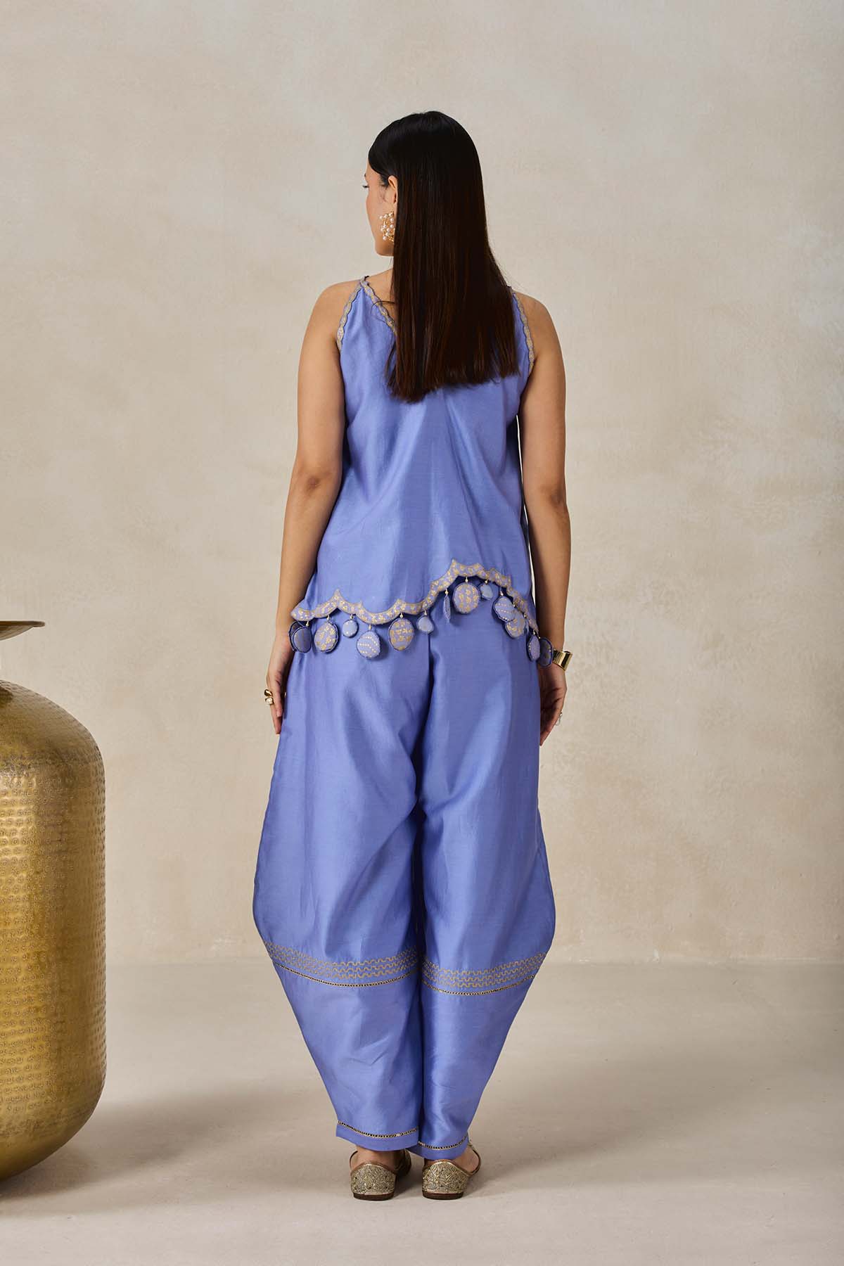 Chanderi Applique Embroidery Strappy Short Top And Palazo Set