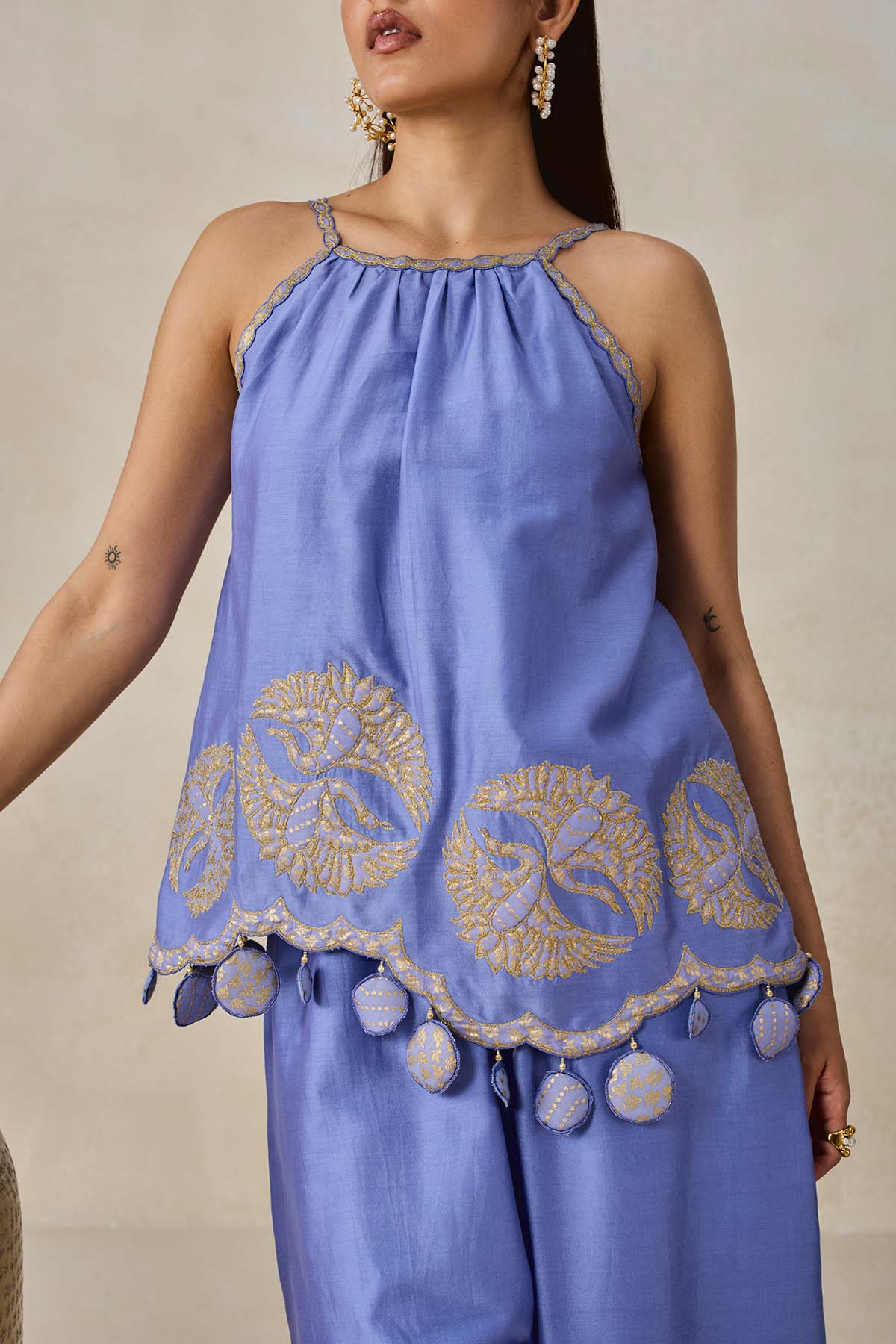 Chanderi Applique Embroidery Strappy Short Top And Palazo Set