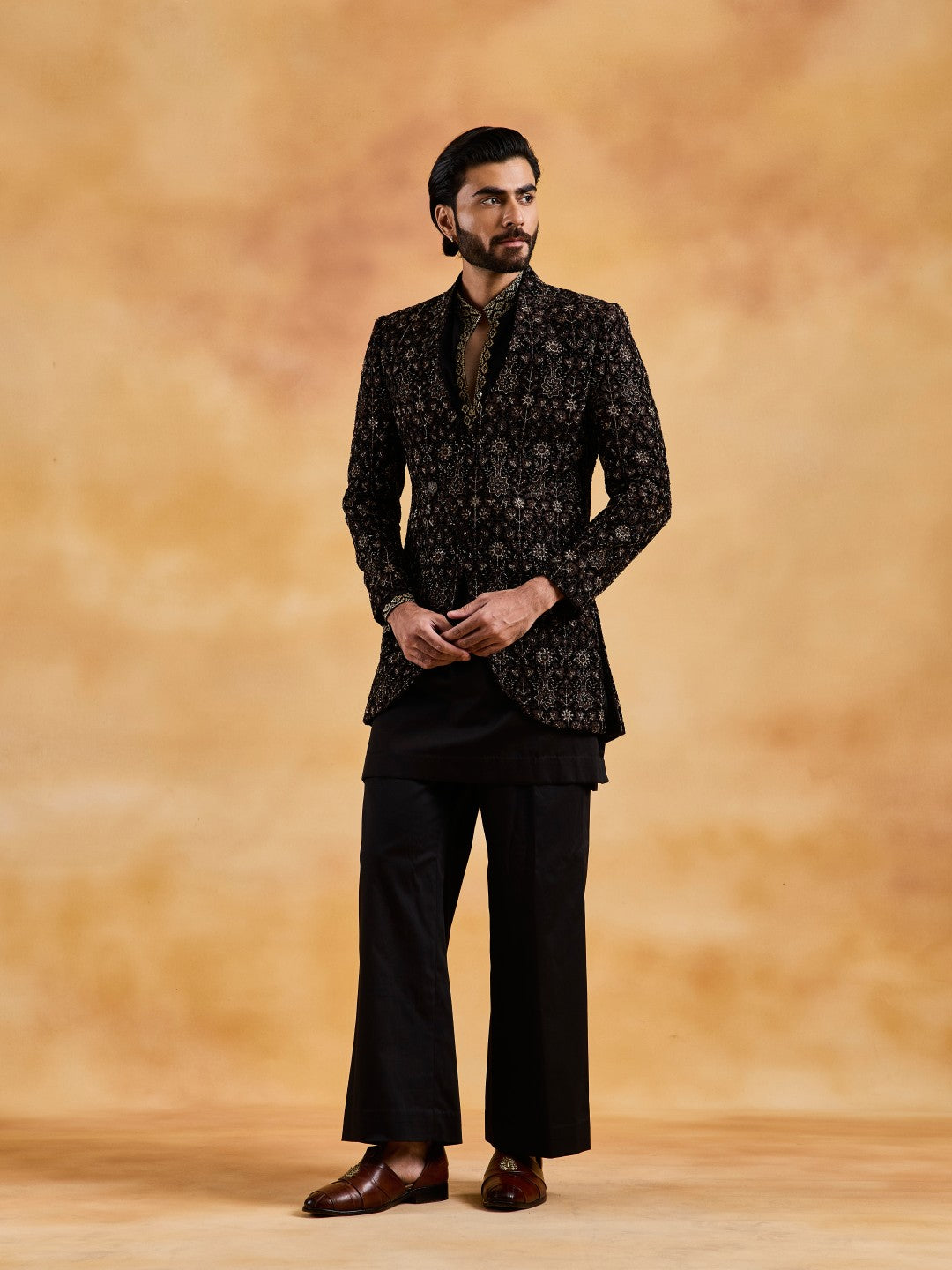 BLACK VELVET OVERLAP JACKET WITH KURTA AND TROUSERS
