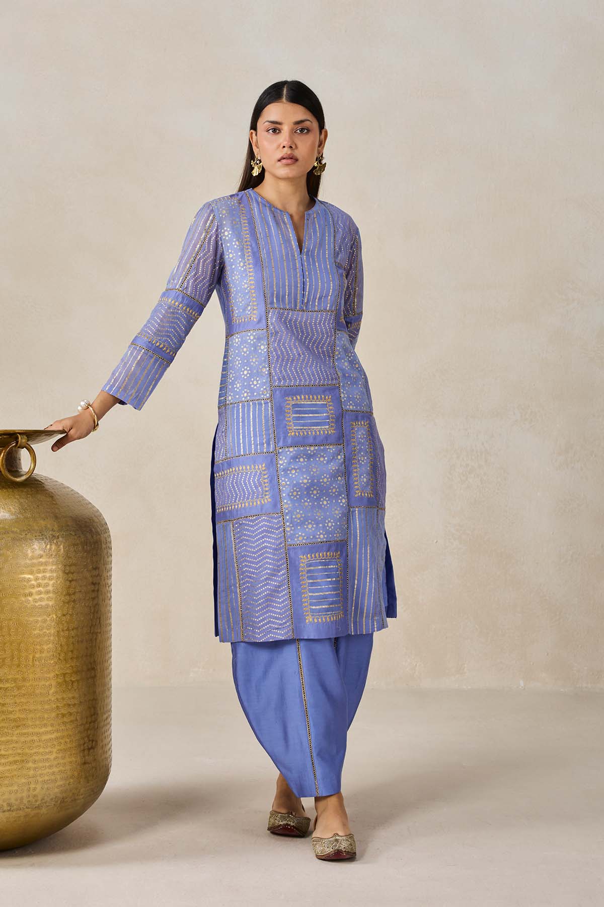 Gold Chanderi Patch Work Kurta & Salwar
