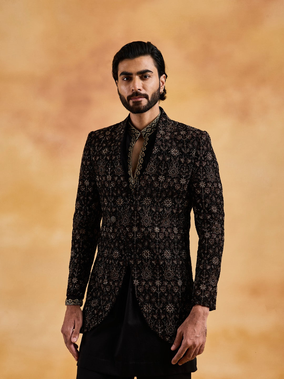 BLACK VELVET OVERLAP JACKET WITH KURTA AND TROUSERS