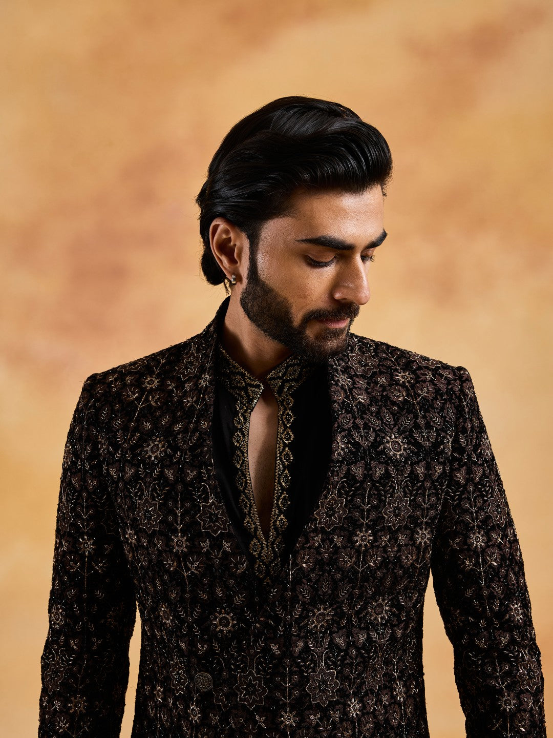 BLACK VELVET OVERLAP JACKET WITH KURTA AND TROUSERS