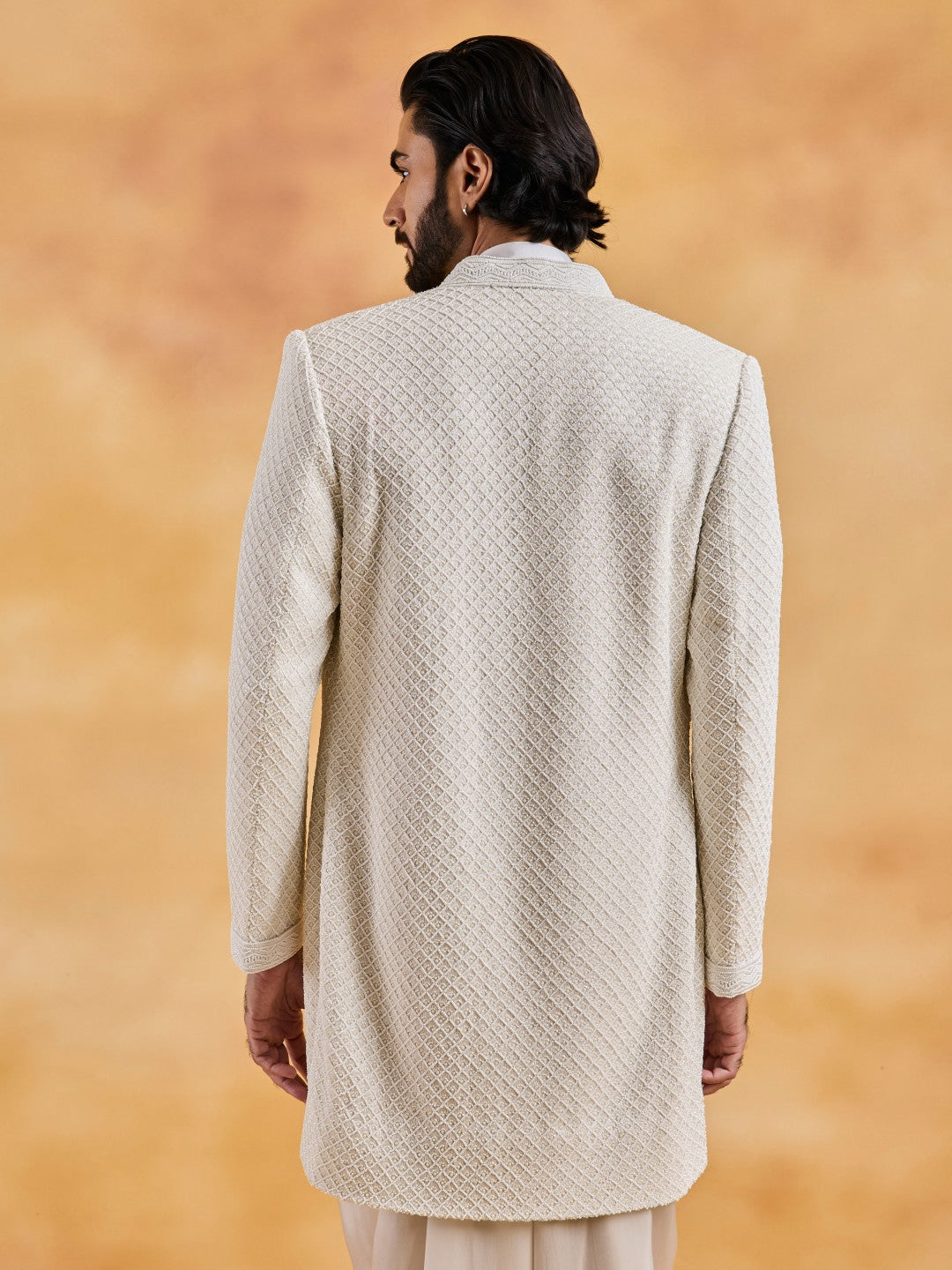 IVORY RAW SILK OPEN JACKET WITH KURTA AND DHOTI