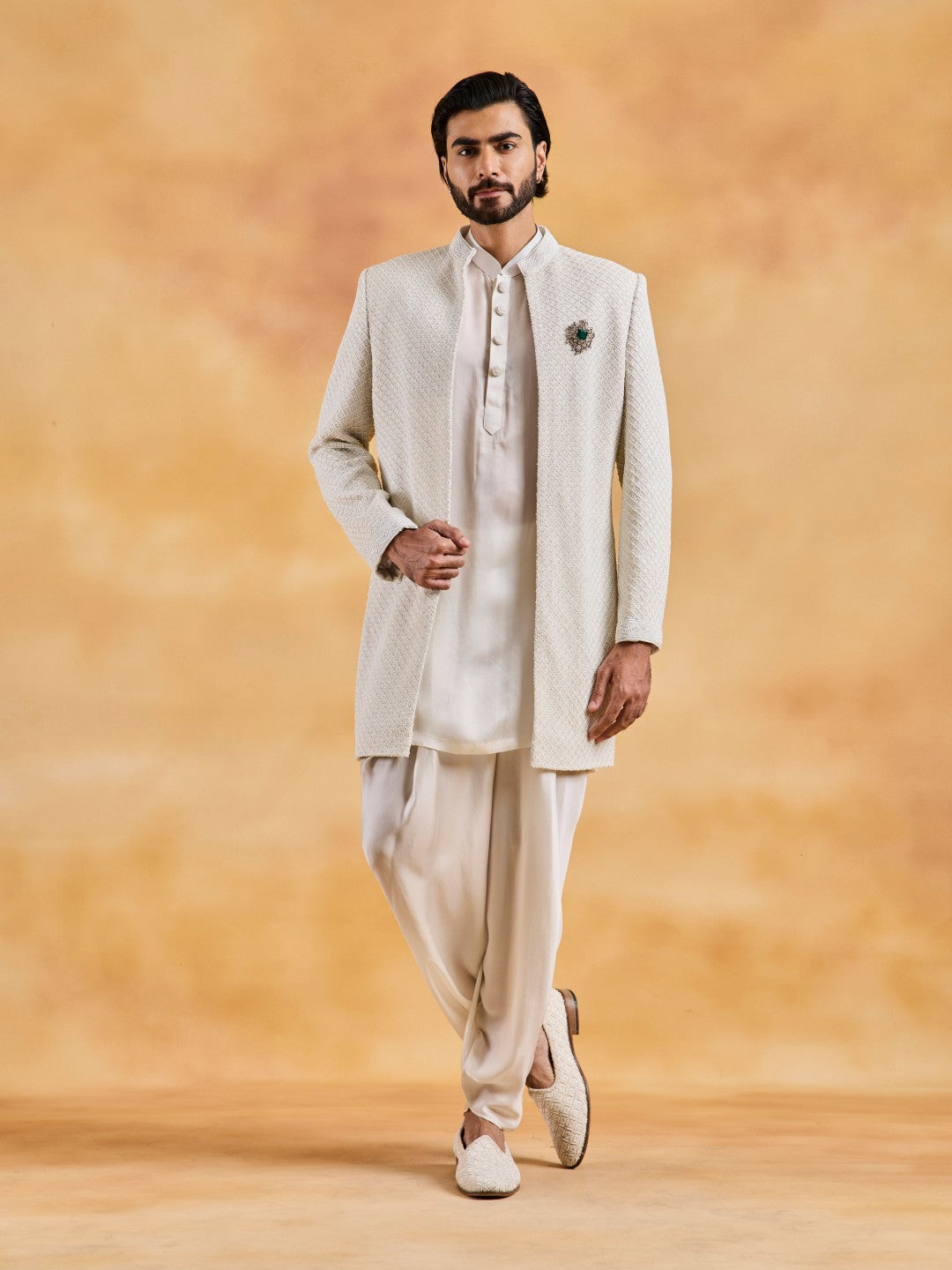 IVORY RAW SILK OPEN JACKET WITH KURTA AND DHOTI