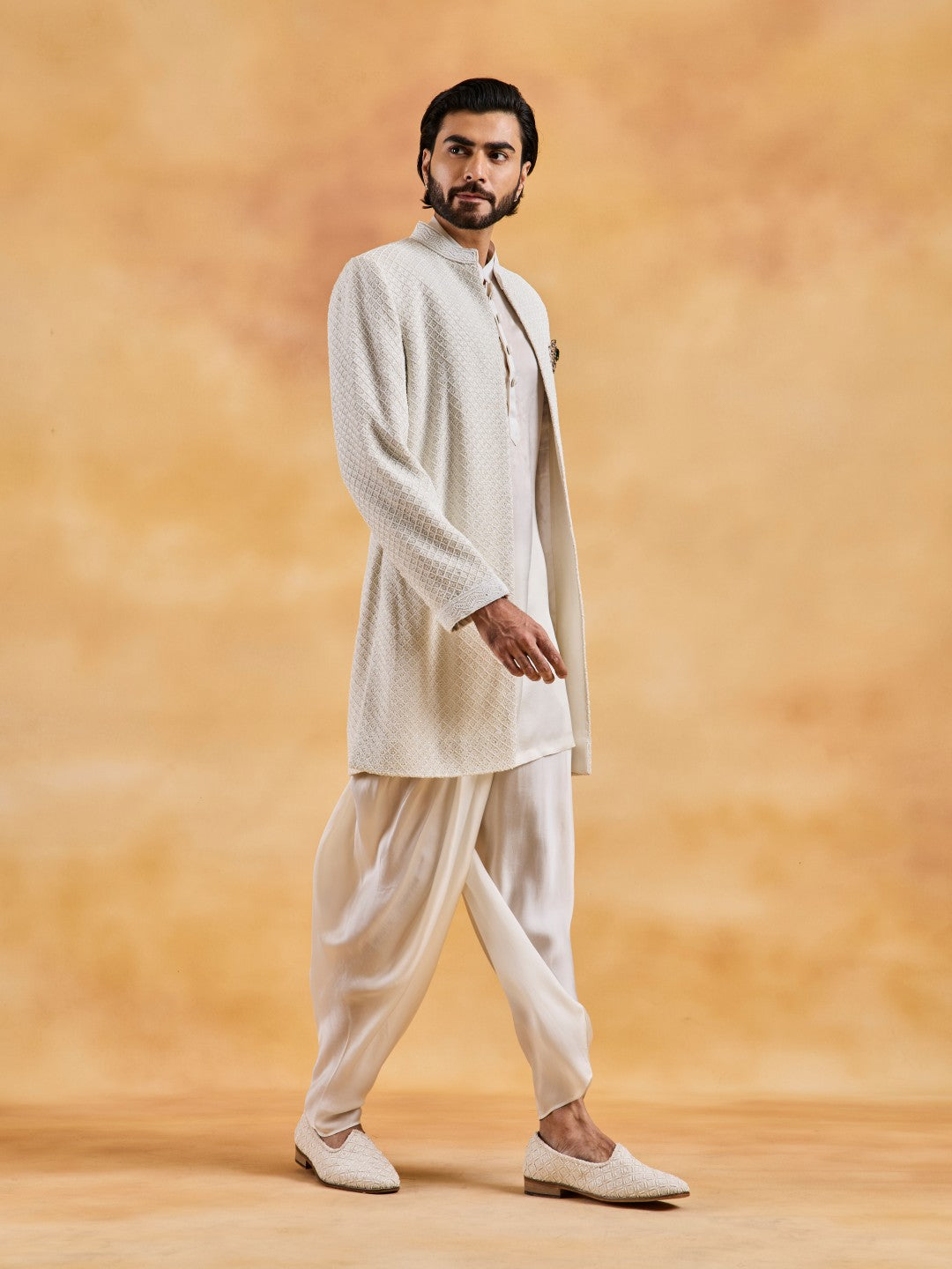 IVORY RAW SILK OPEN JACKET WITH KURTA AND DHOTI