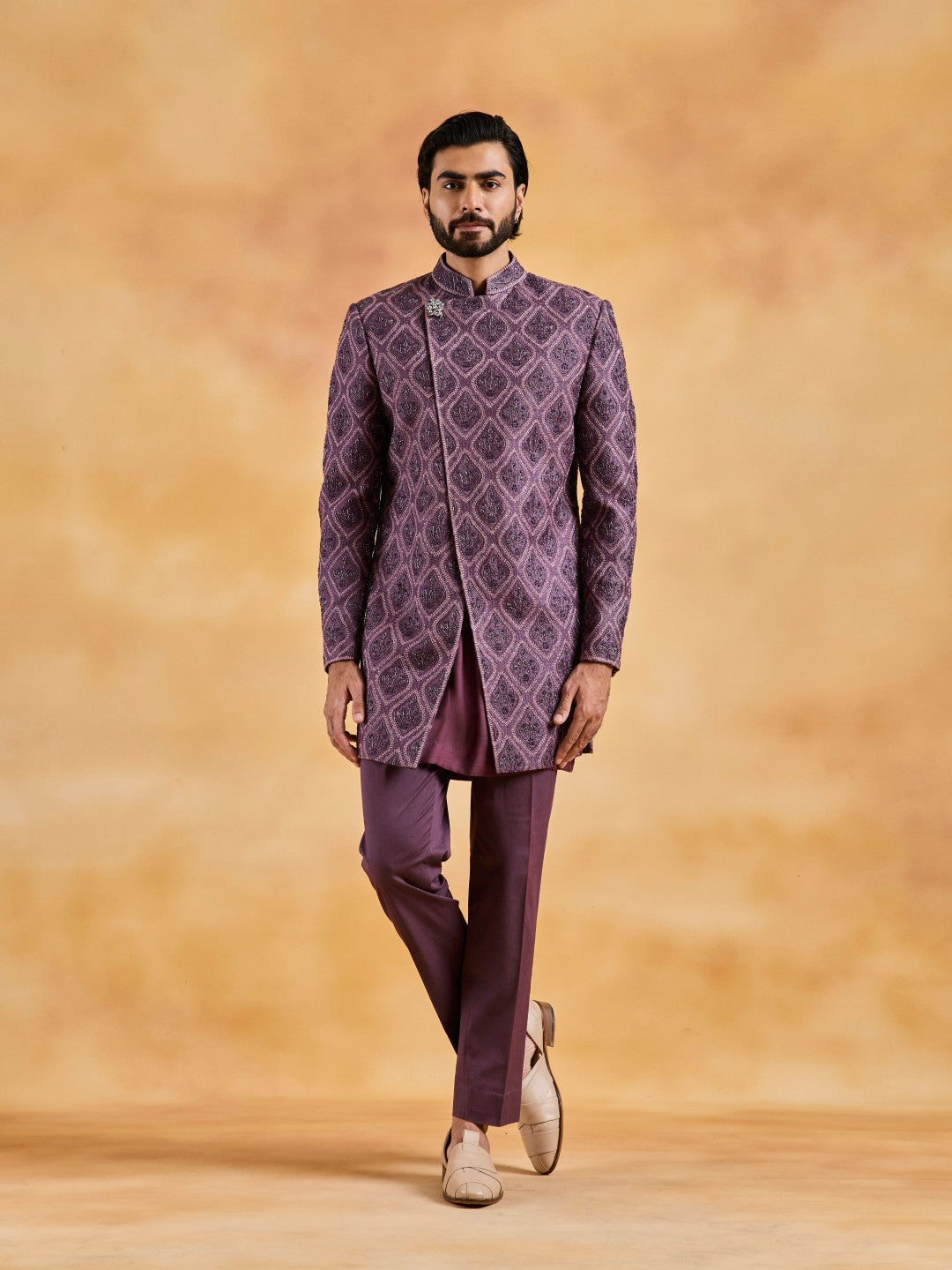 WINE SHERWANI KURTA TROUSER SET