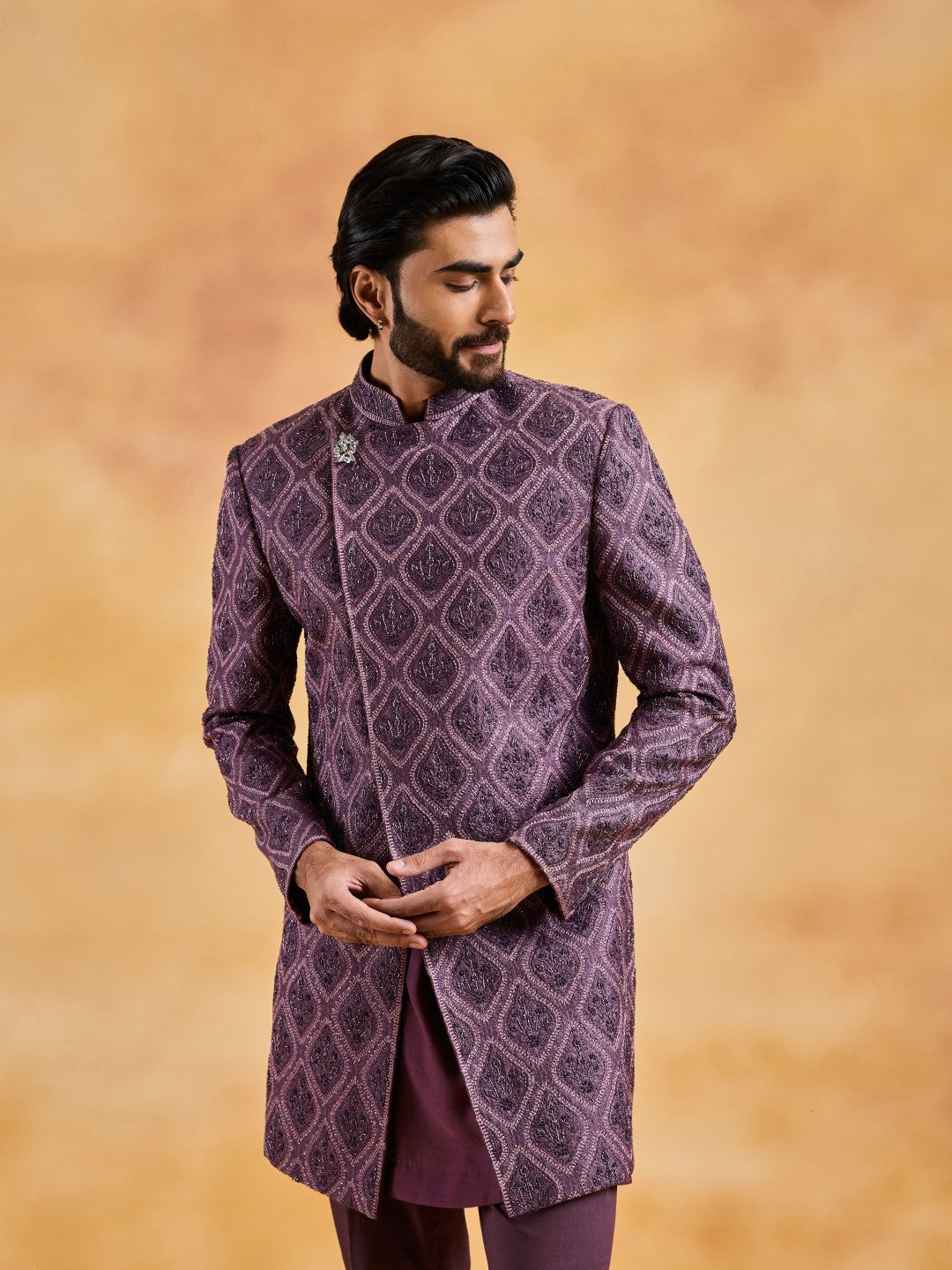 WINE SHERWANI KURTA TROUSER SET
