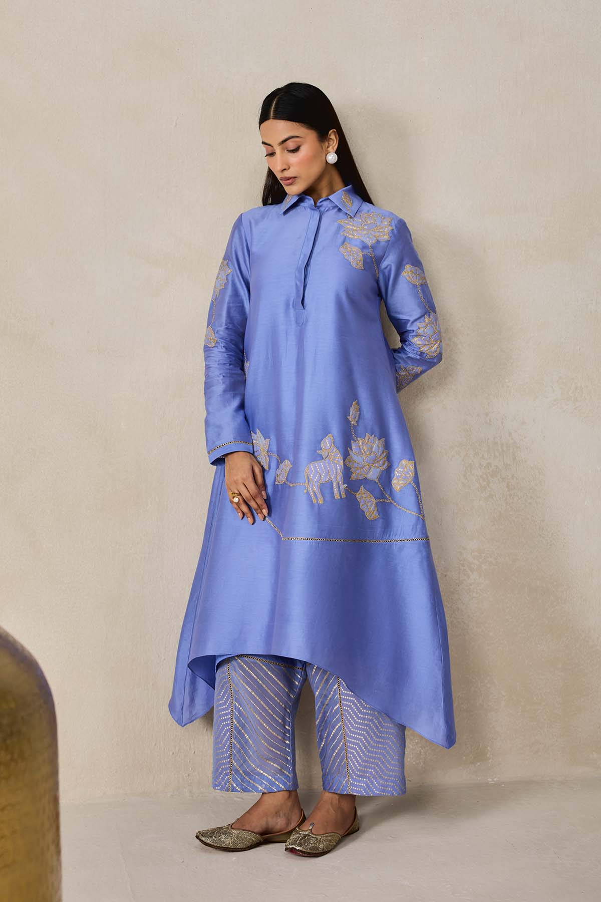 Chanderi Assmmetrical Kurta With Pant Set