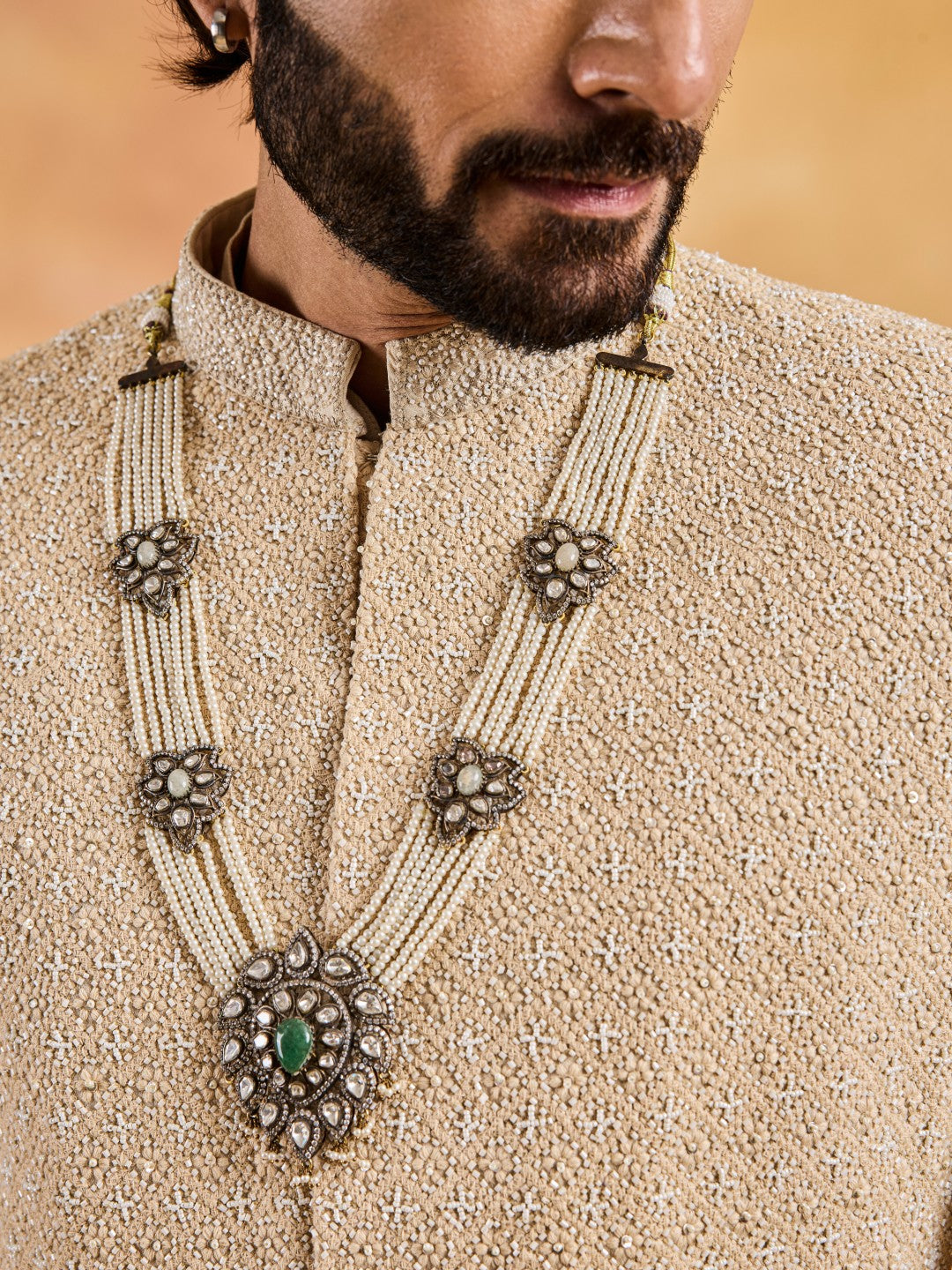 CHAMPAGE RAW SILK SHERWANI KURTA CHURIDAR SET
