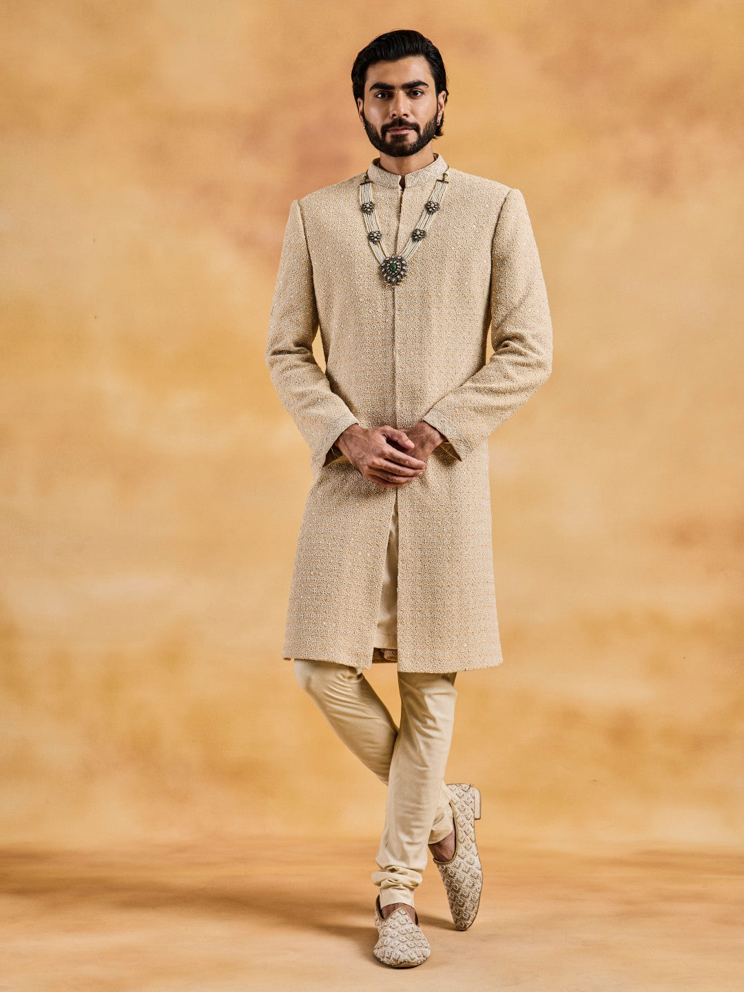 CHAMPAGE RAW SILK SHERWANI KURTA CHURIDAR SET
