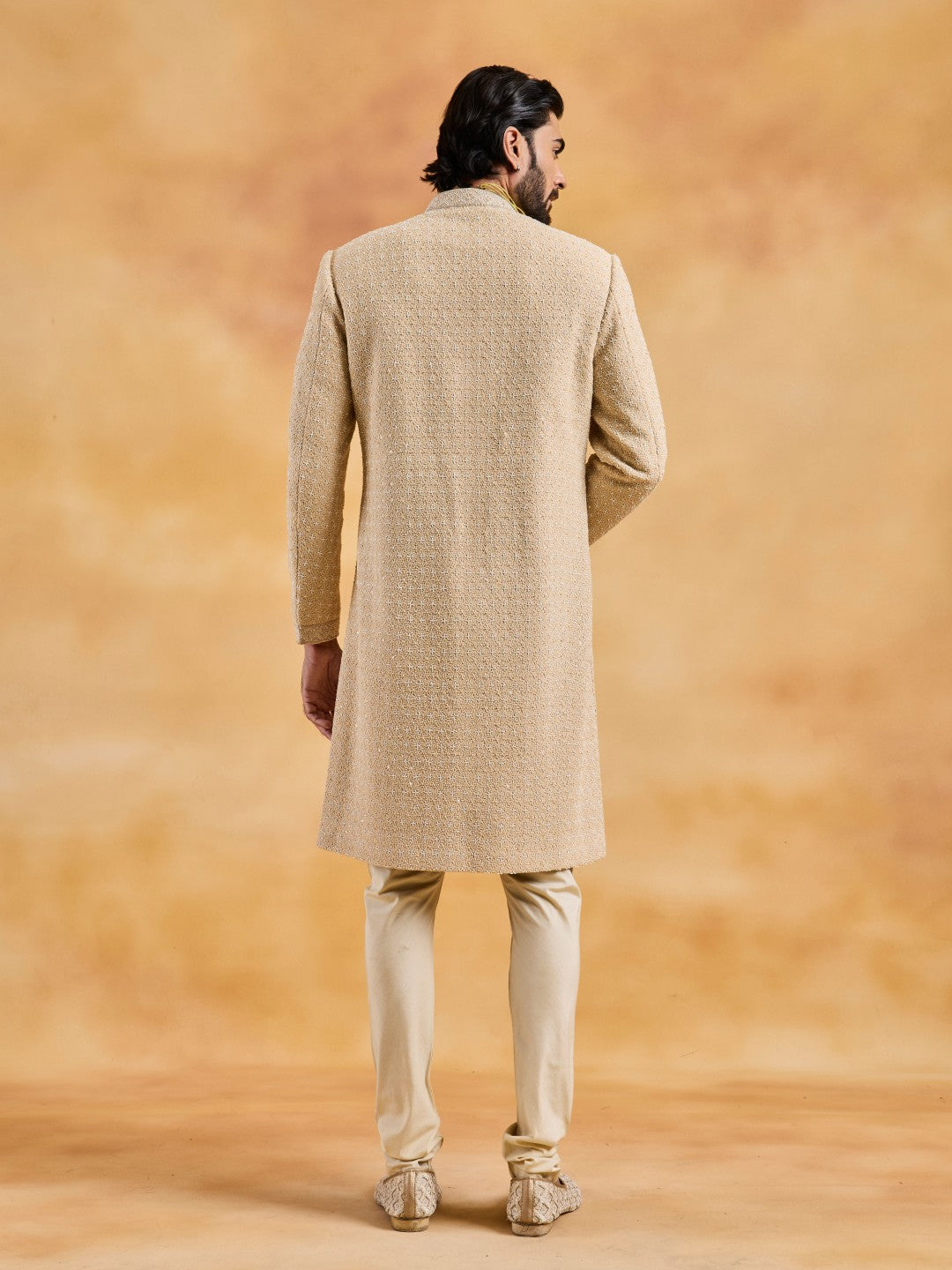 CHAMPAGE RAW SILK SHERWANI KURTA CHURIDAR SET