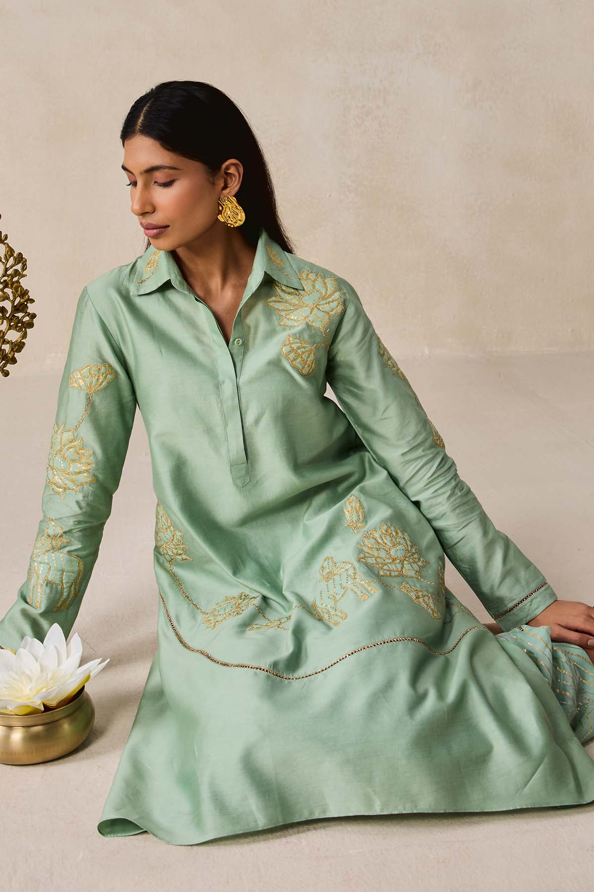 Chanderi Assmmetrical Kurta With Pant Set