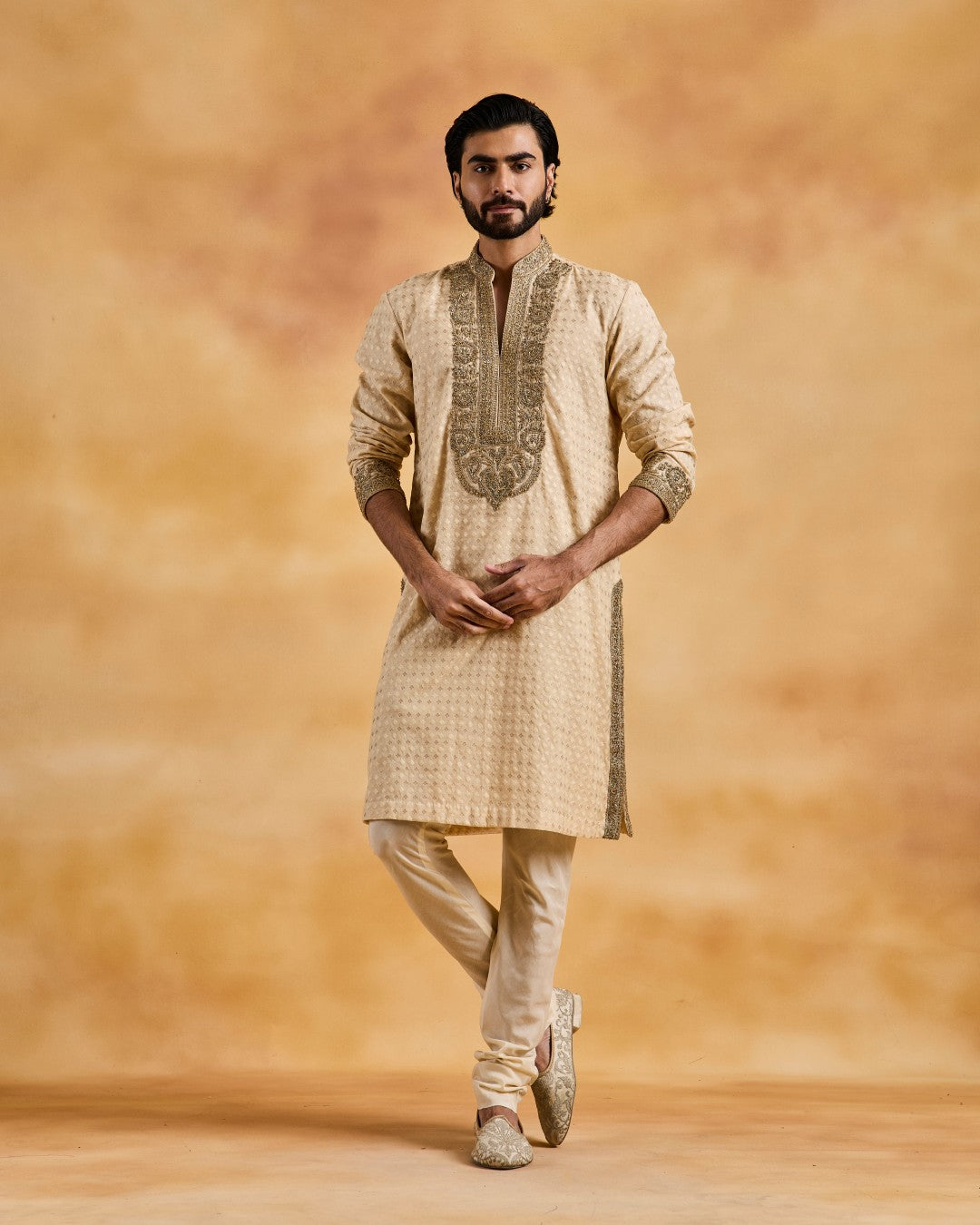 BEIGE  CHANDERI BOOTI KURTA CHURIDAR SET