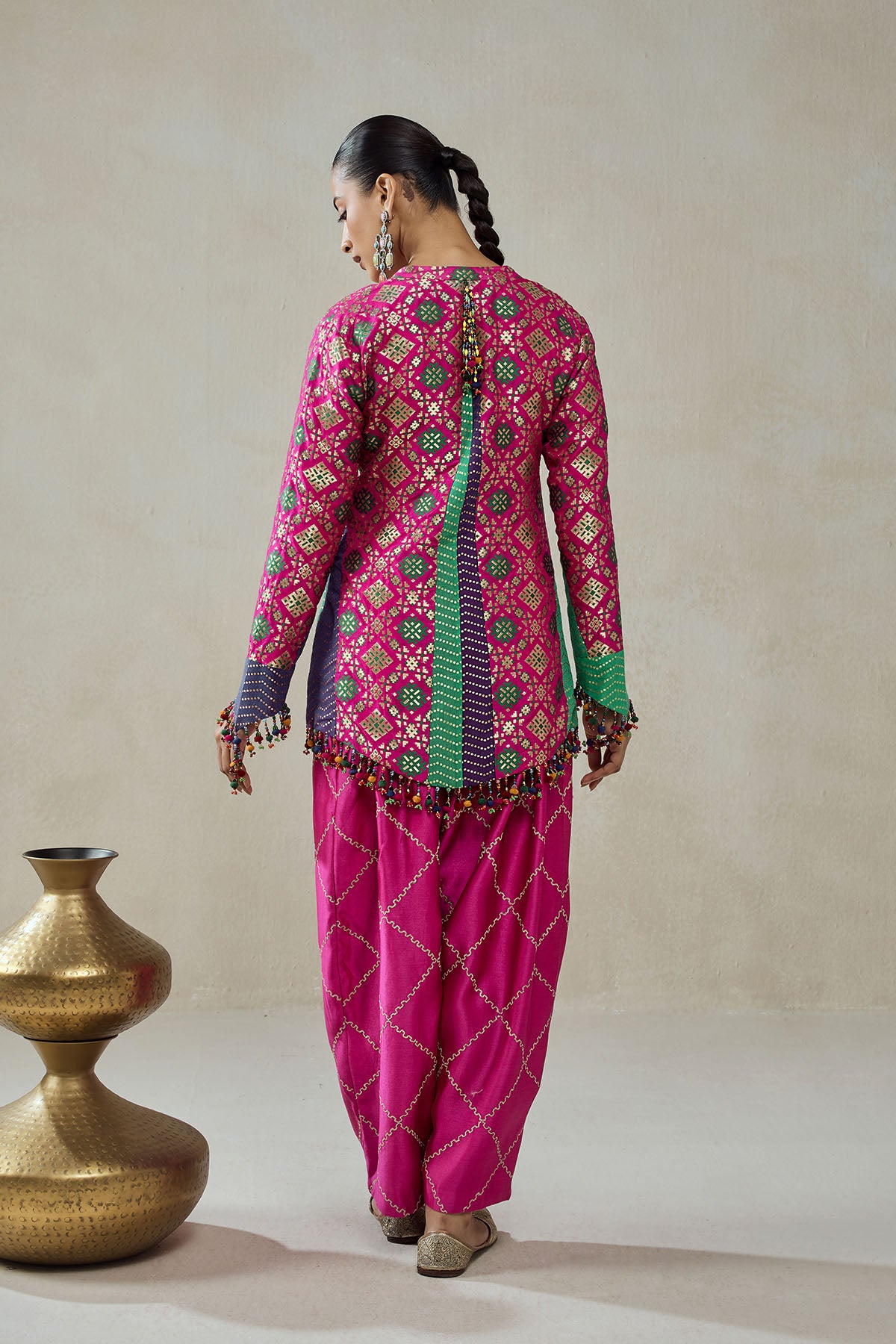 Fuschia Patola Silk Short Jacket Worked Salwar