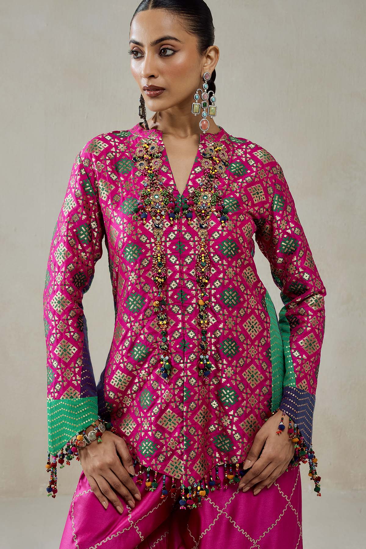 Fuschia Patola Silk Short Jacket Worked Salwar