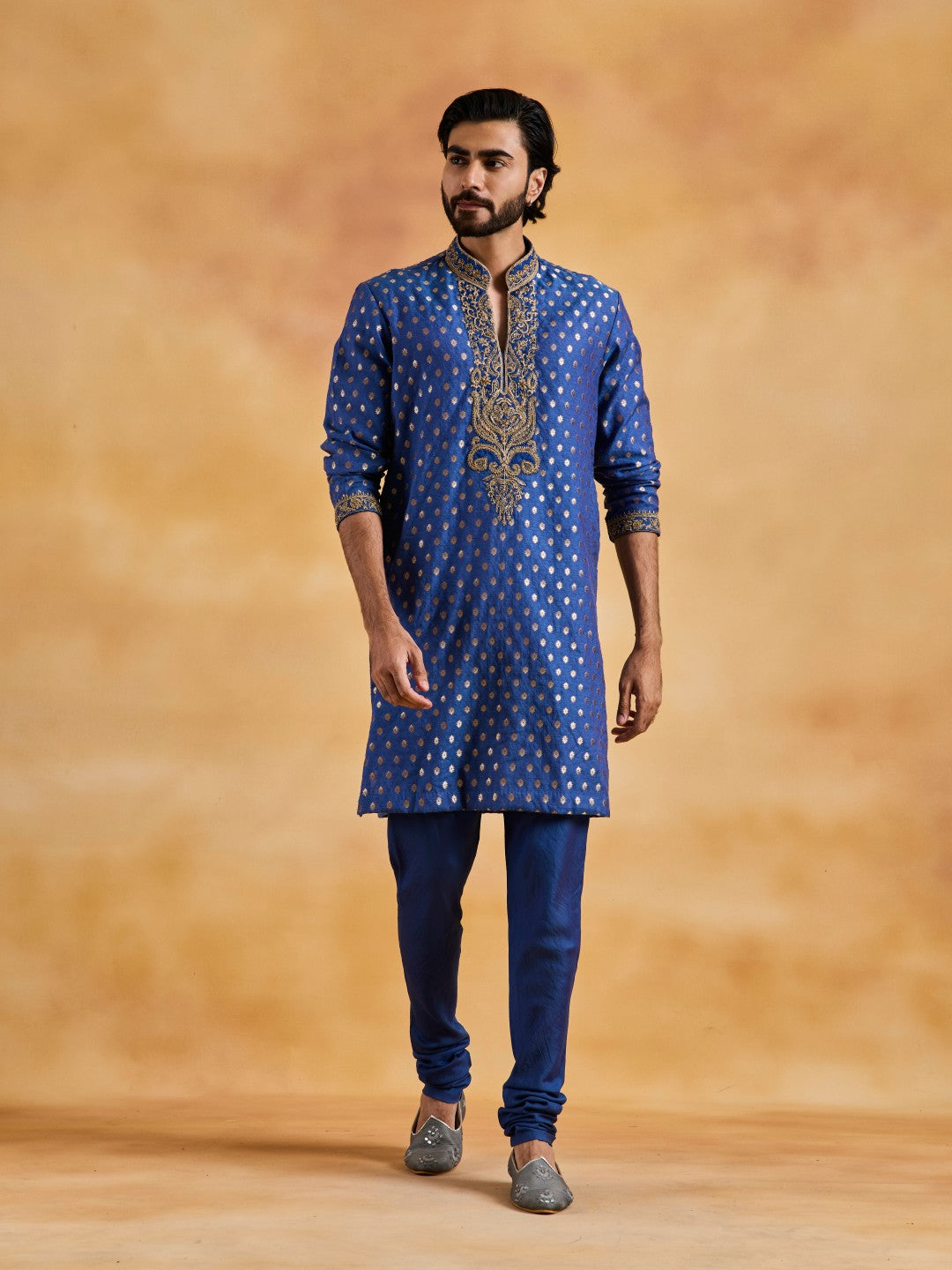 ROYAL BLUE  CHANDERI BOOTI KURTA CHURIDAR SET