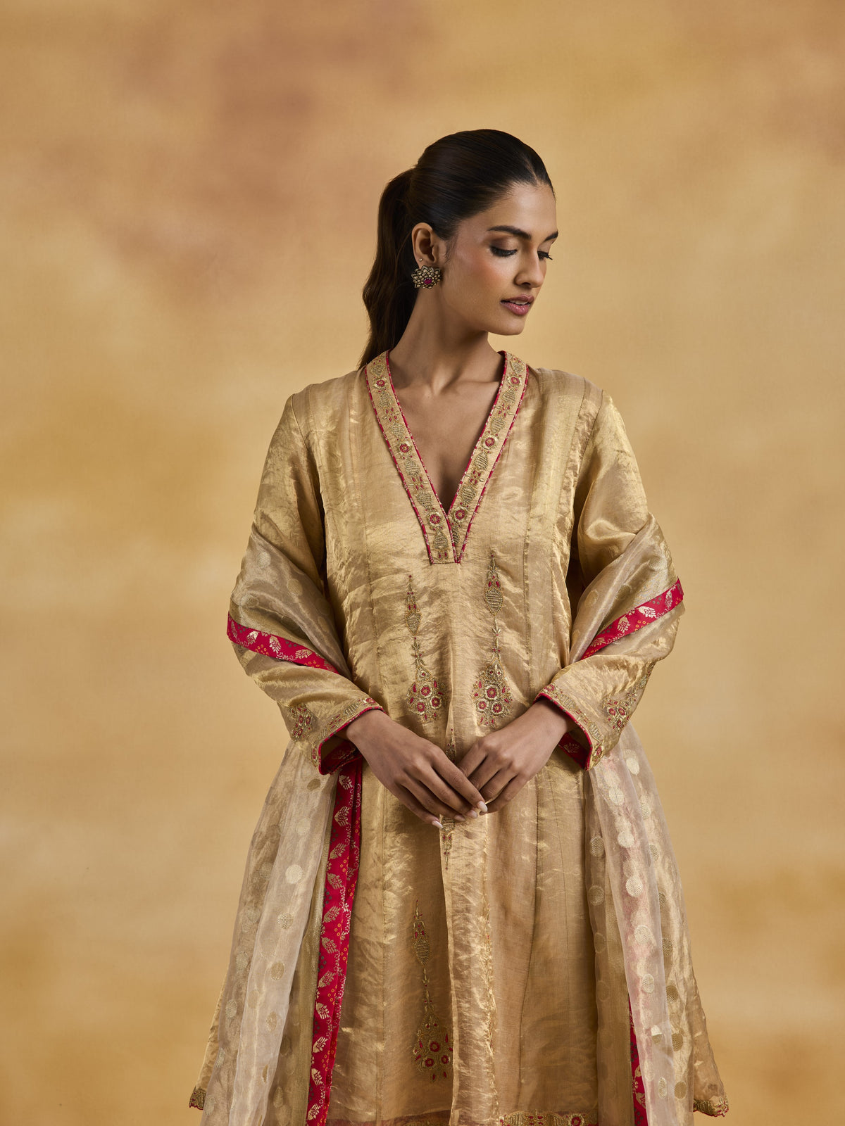 Gold Tissue Anarkali Set