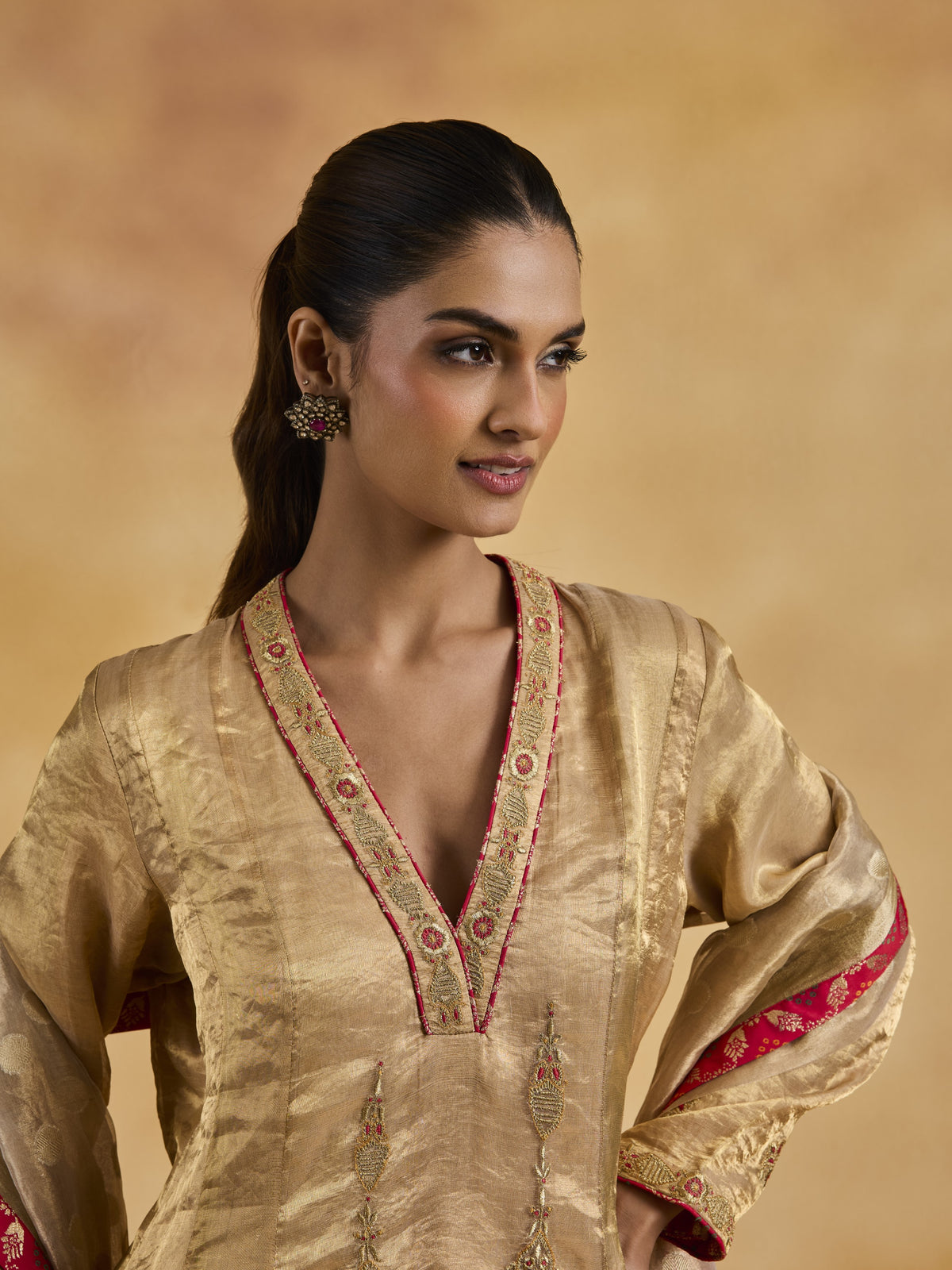 Gold Tissue Anarkali Set