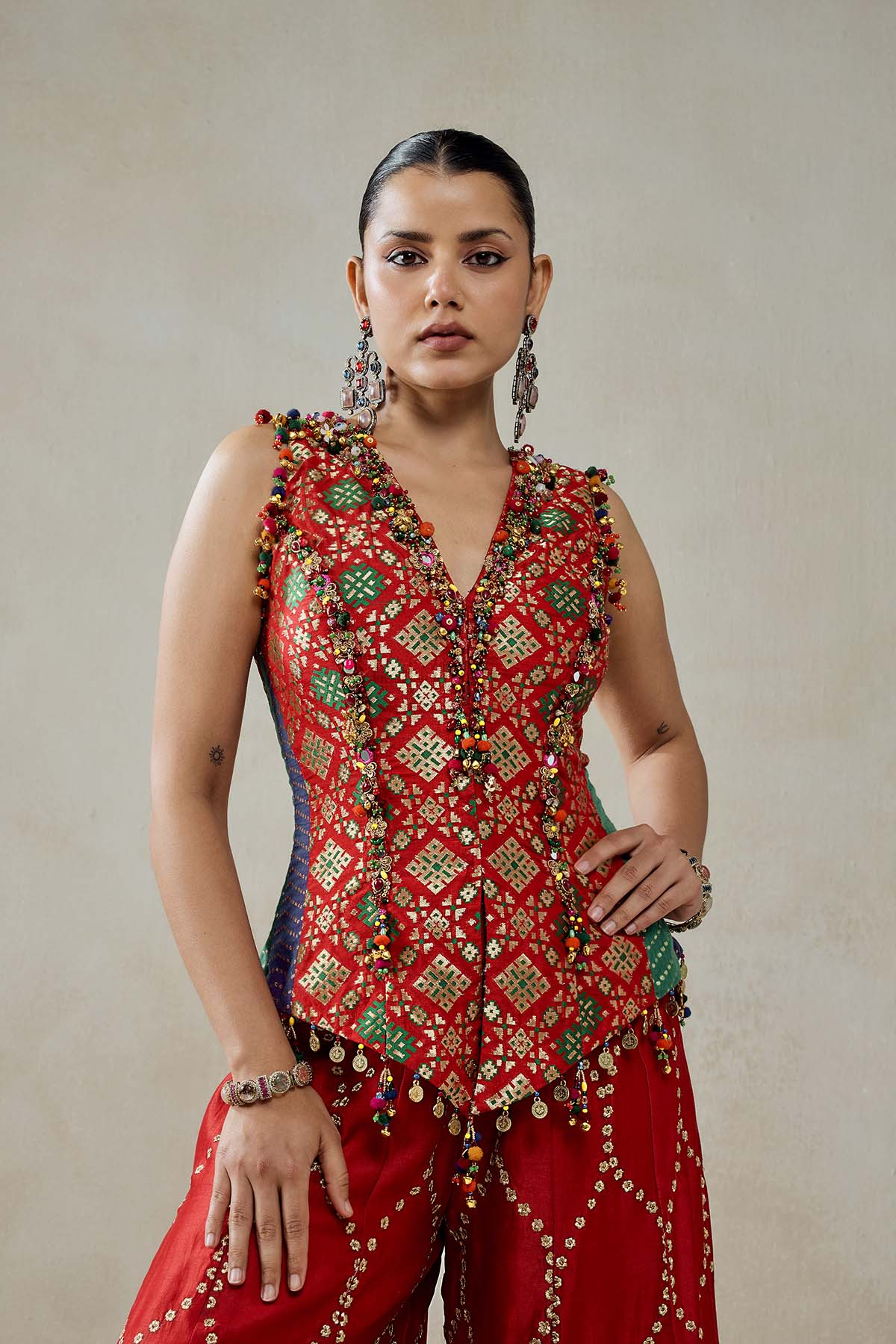 Red Patola Silk With Worked Sharara Set