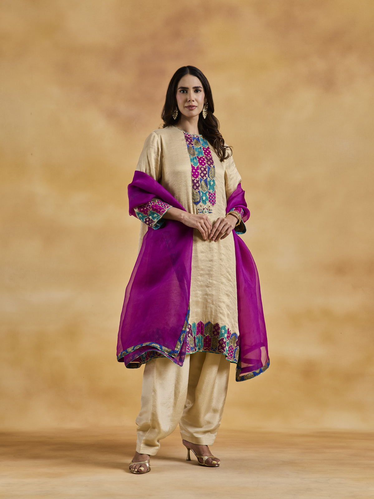 Ivory-Gold Appliqué Suit Set