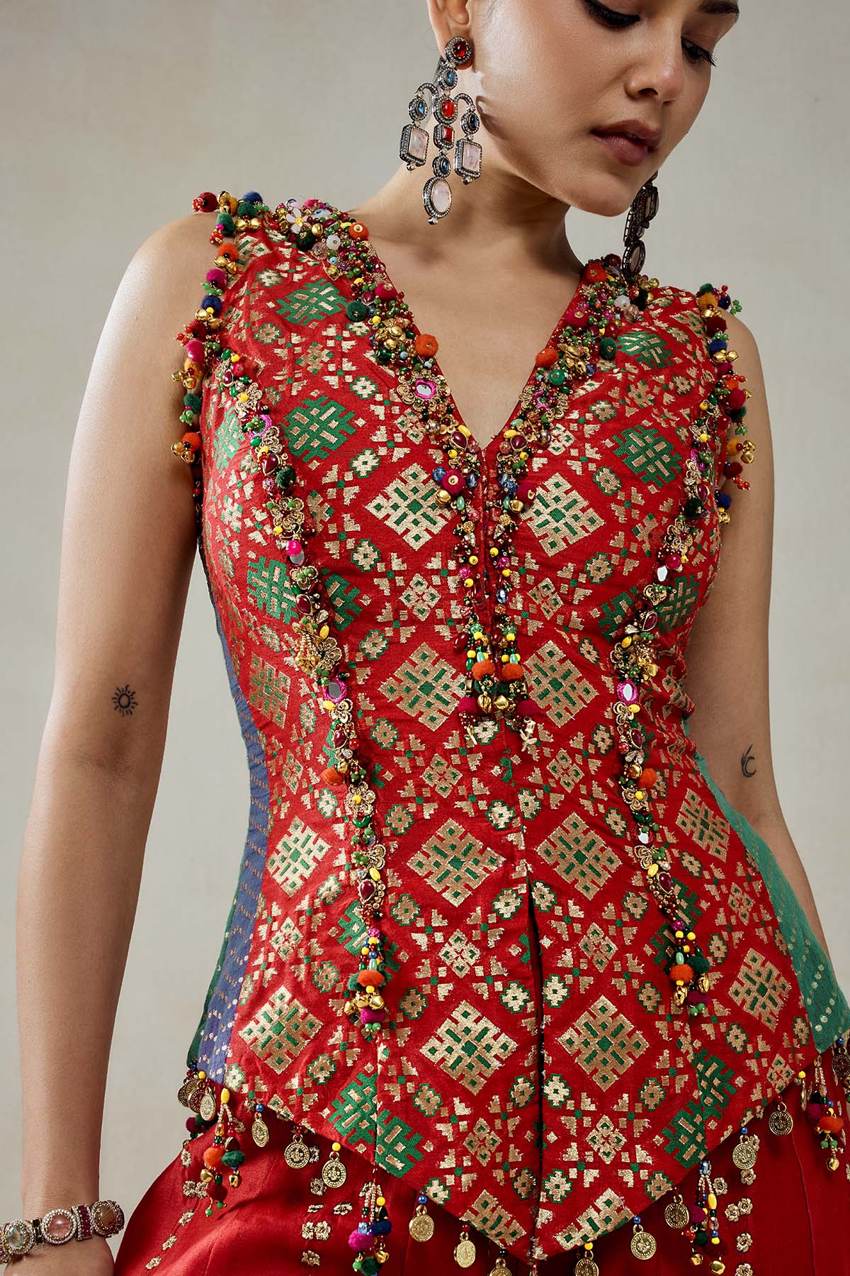 Red Patola Silk With Worked Sharara Set