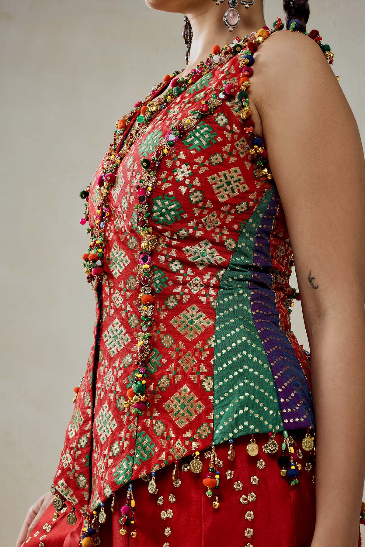 Red Patola Silk With Worked Sharara Set