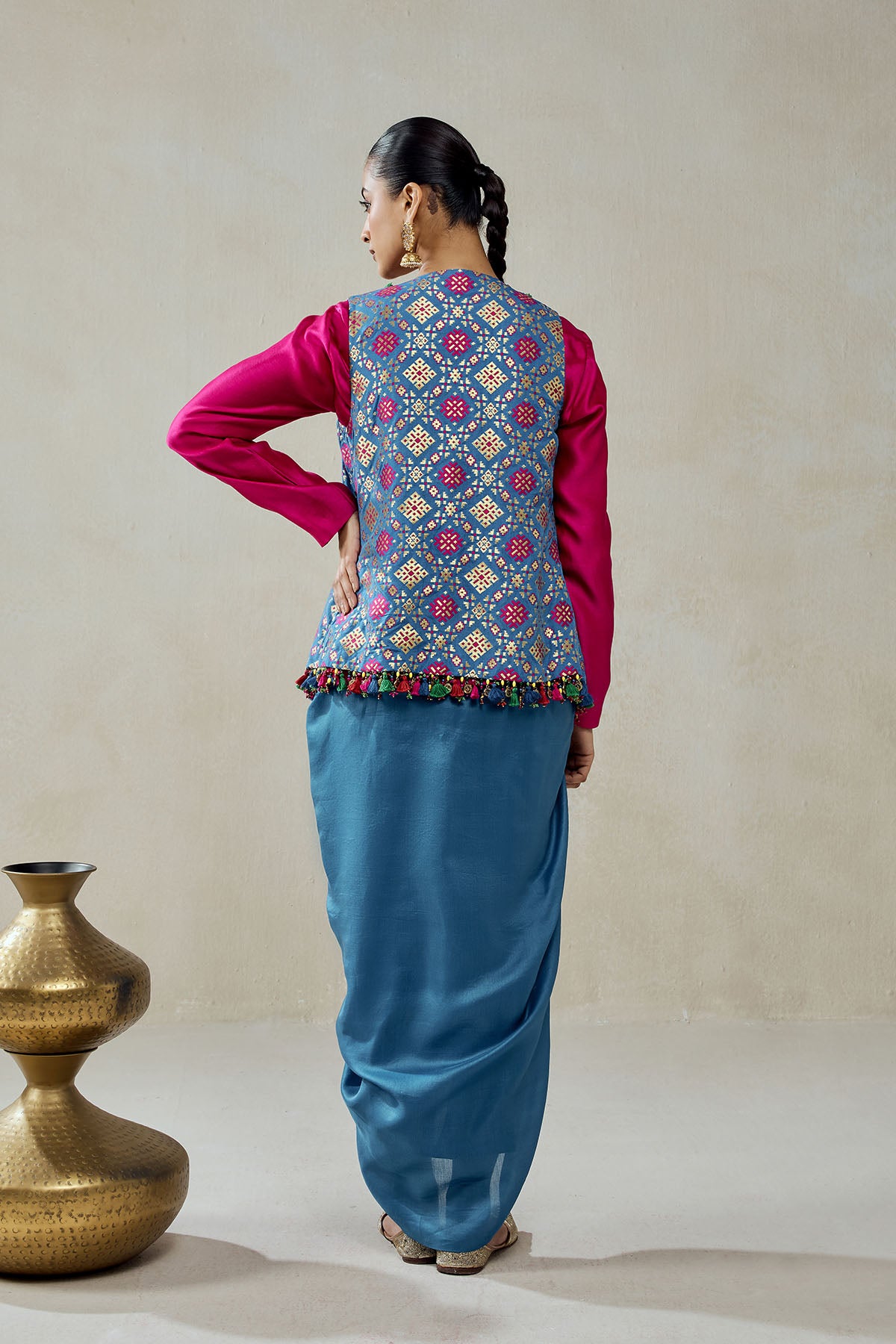 Royal Blue Patola Short Jacket With Dhoti Skirt Set