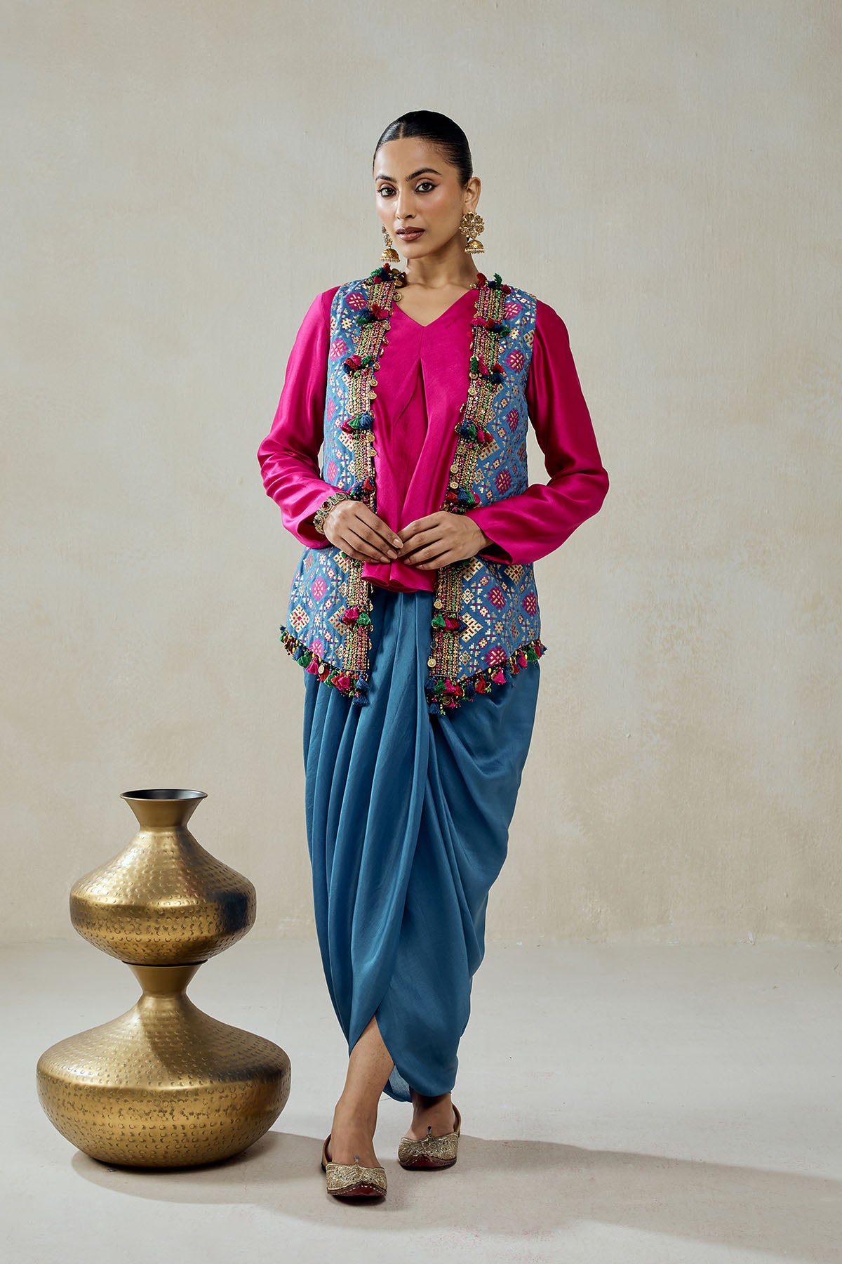 Royal Blue Patola Short Jacket With Dhoti Skirt Set