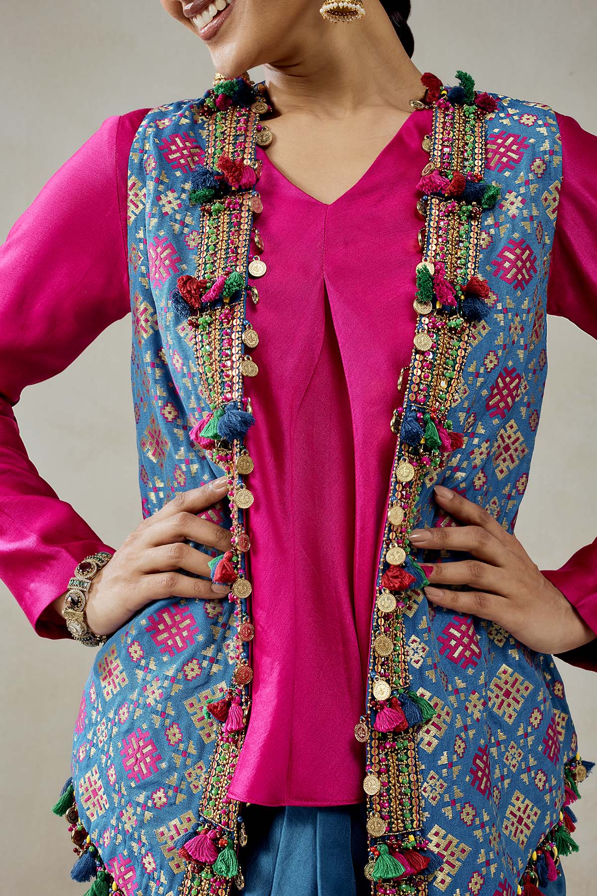 Royal Blue Patola Short Jacket With Dhoti Skirt Set