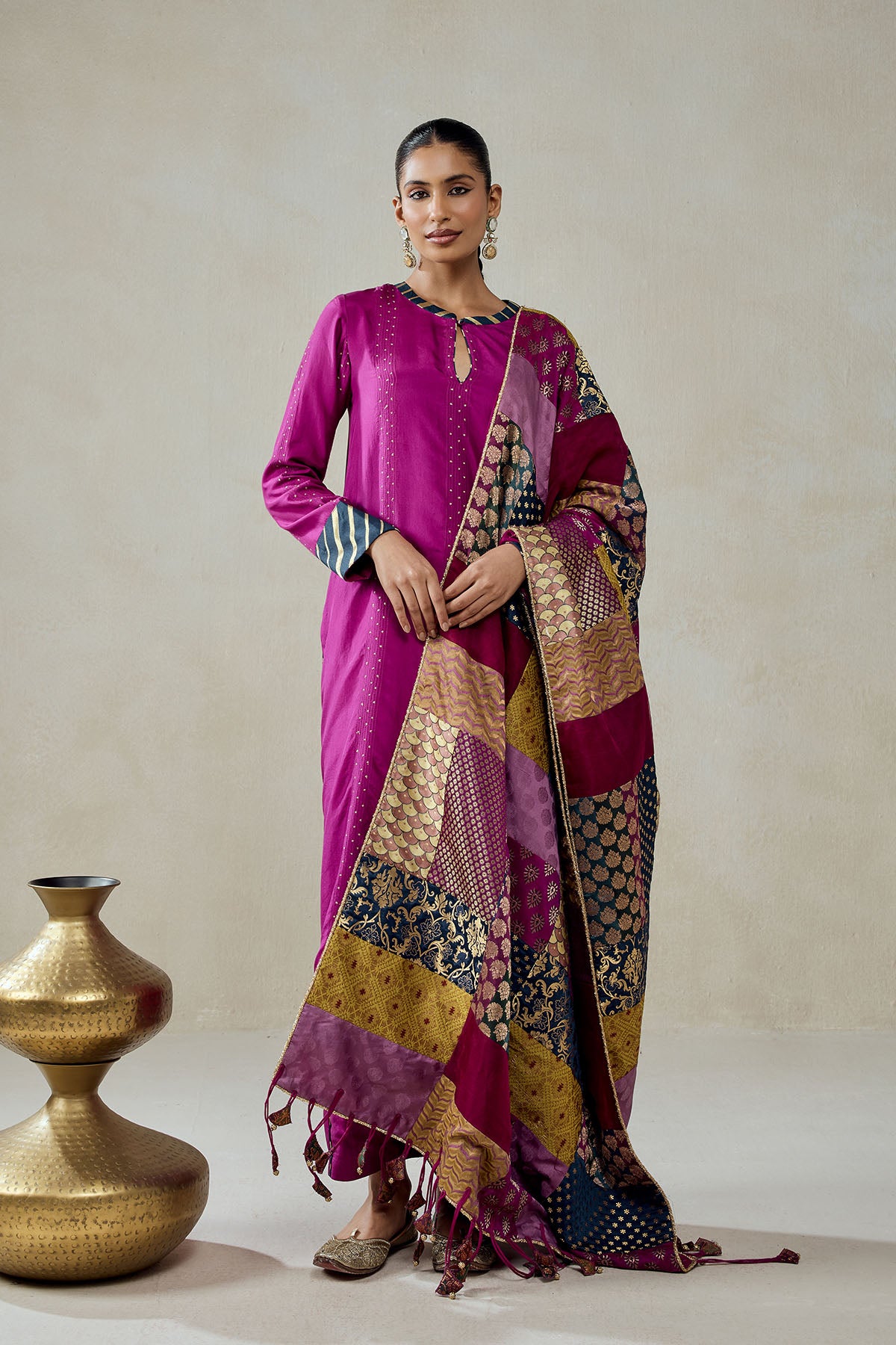 Wine  Salwar Suit With Multicolour Brocade Dupatta Set