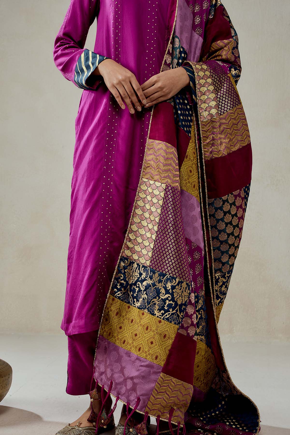 Wine  Salwar Suit With Multicolour Brocade Dupatta Set