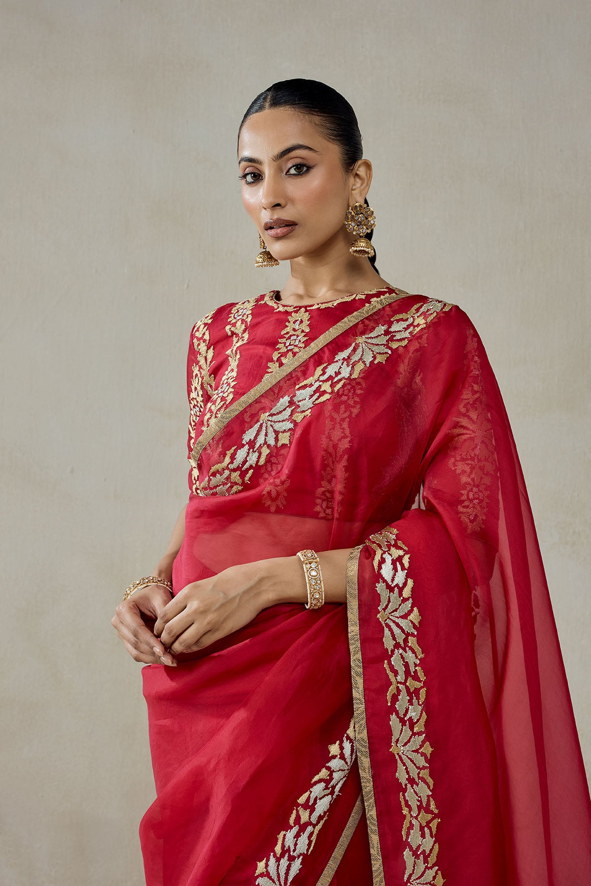 Organza Red Saree Set