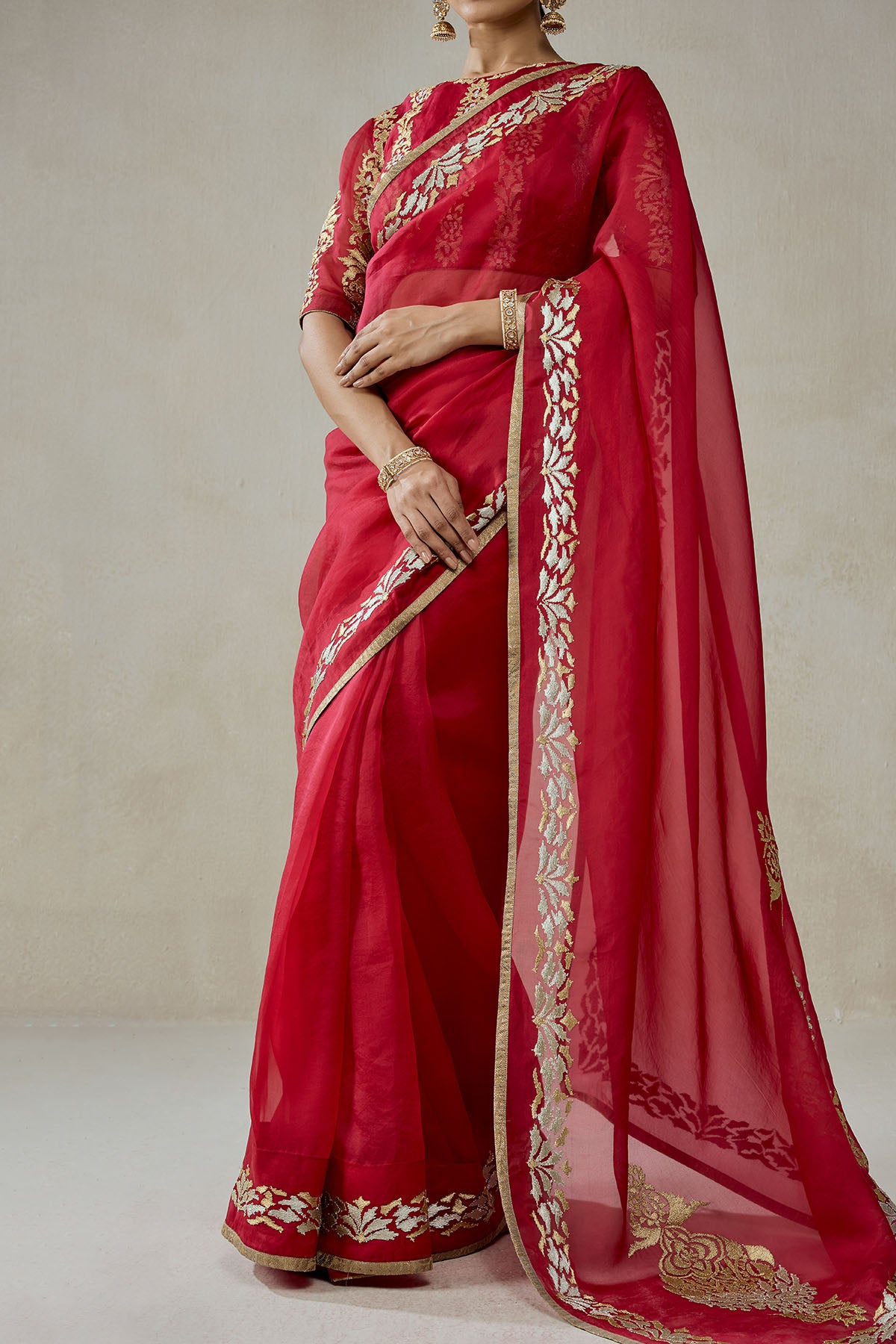 Organza Red Saree Set