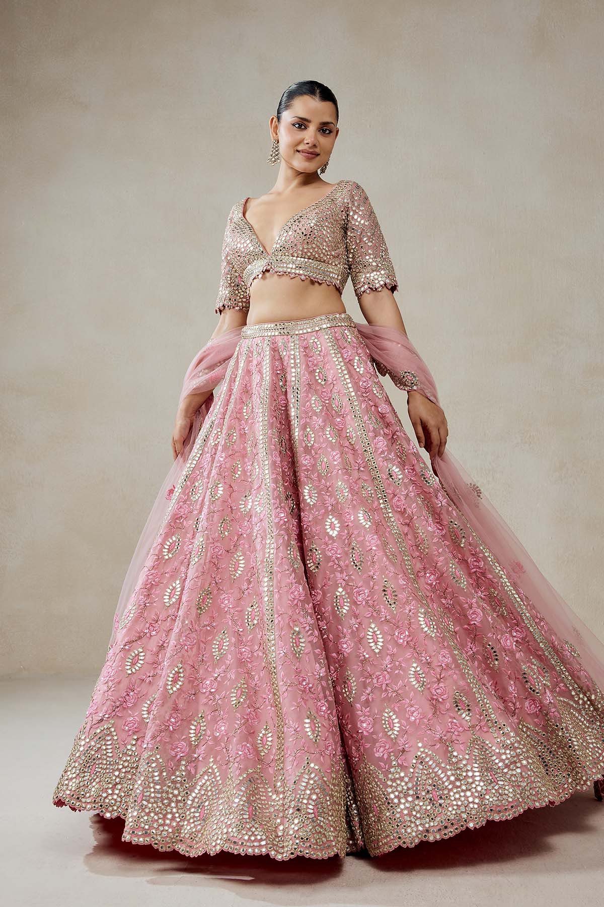 Pink Organza Mirror Work With Multiresham Lehenga Set
