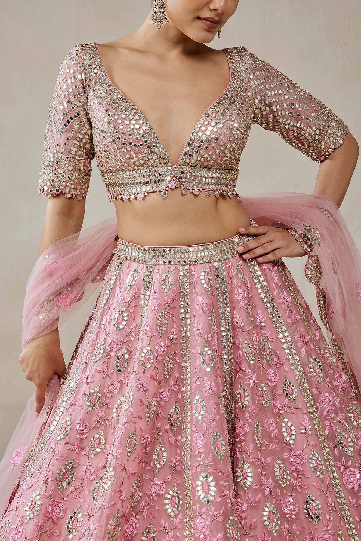 Pink Organza Mirror Work With Multiresham Lehenga Set