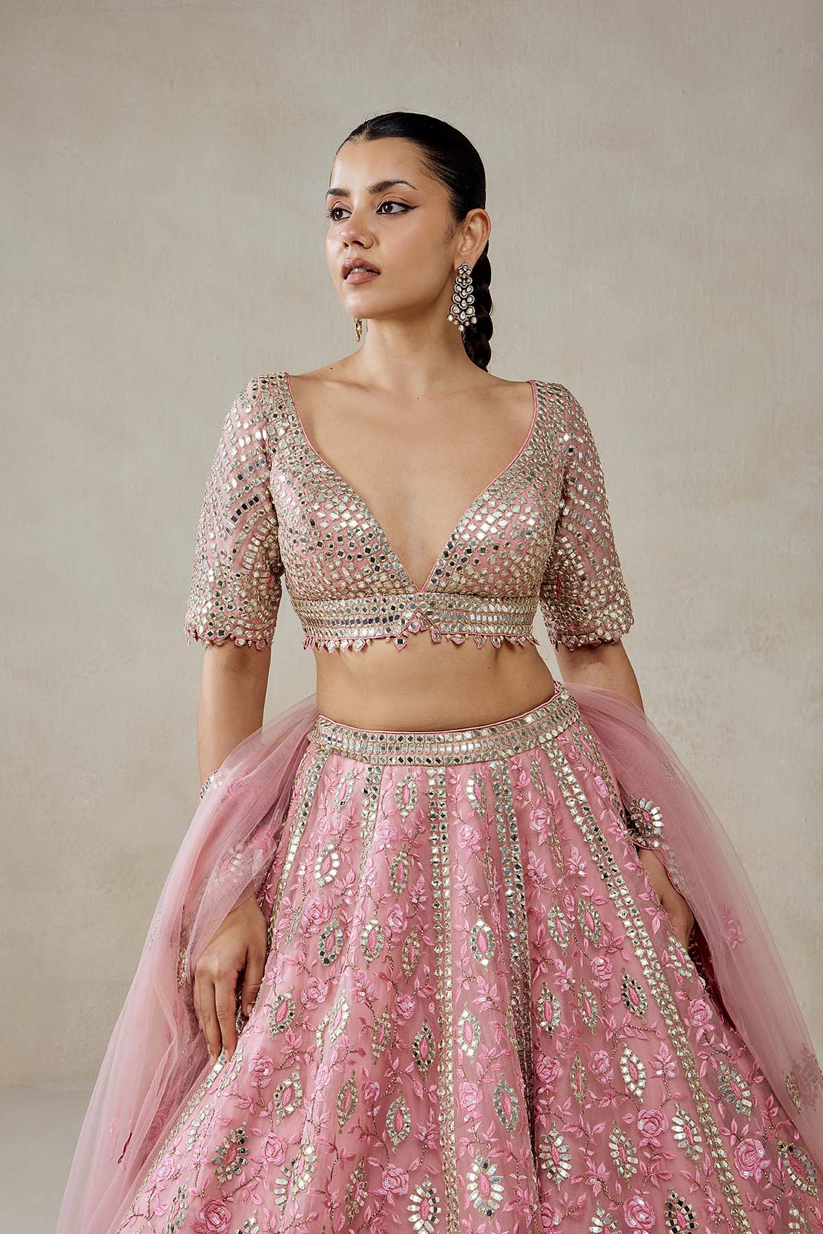 Pink Organza Mirror Work With Multiresham Lehenga Set