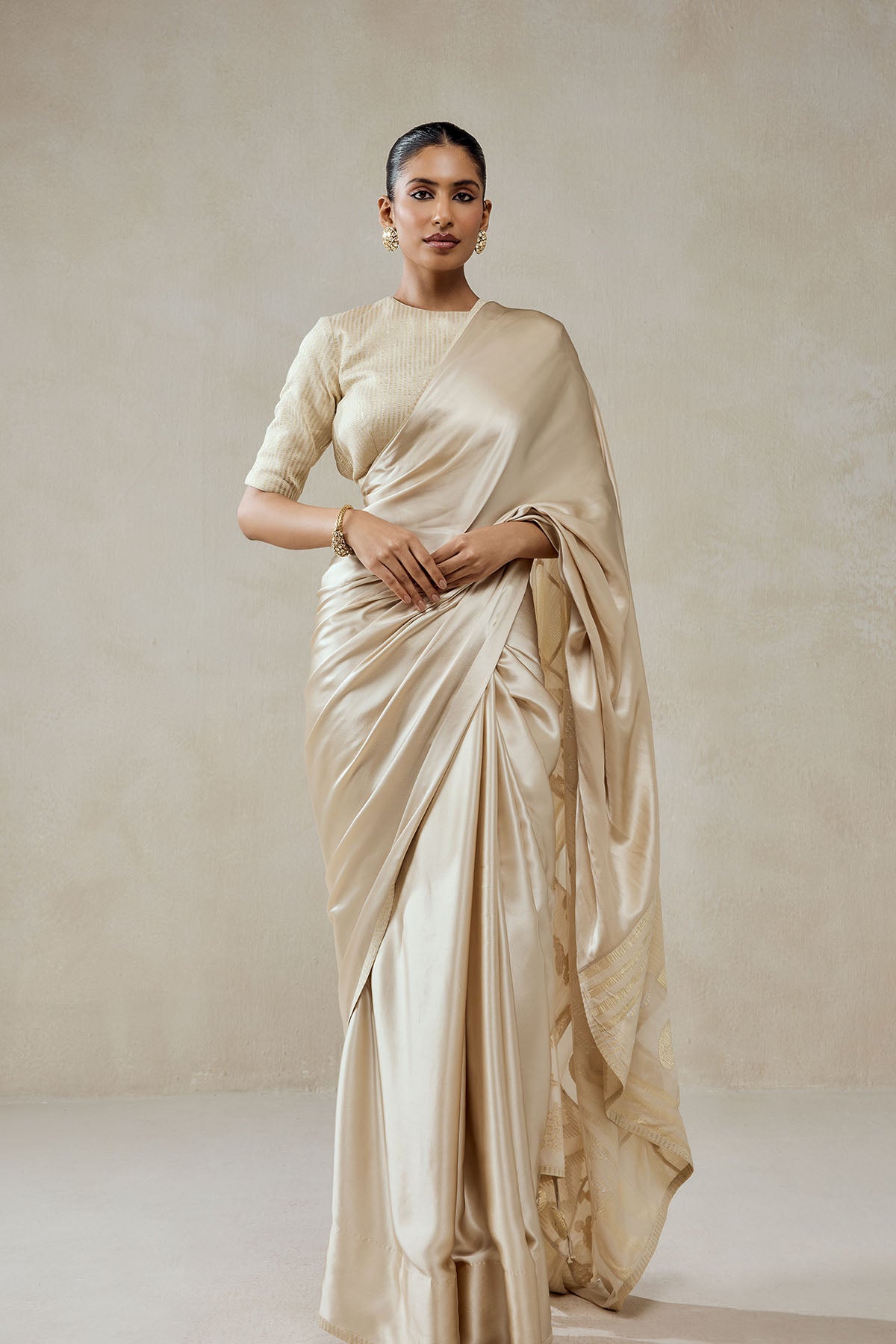 Ivory Monga Tissue Gold Striped Saree Set