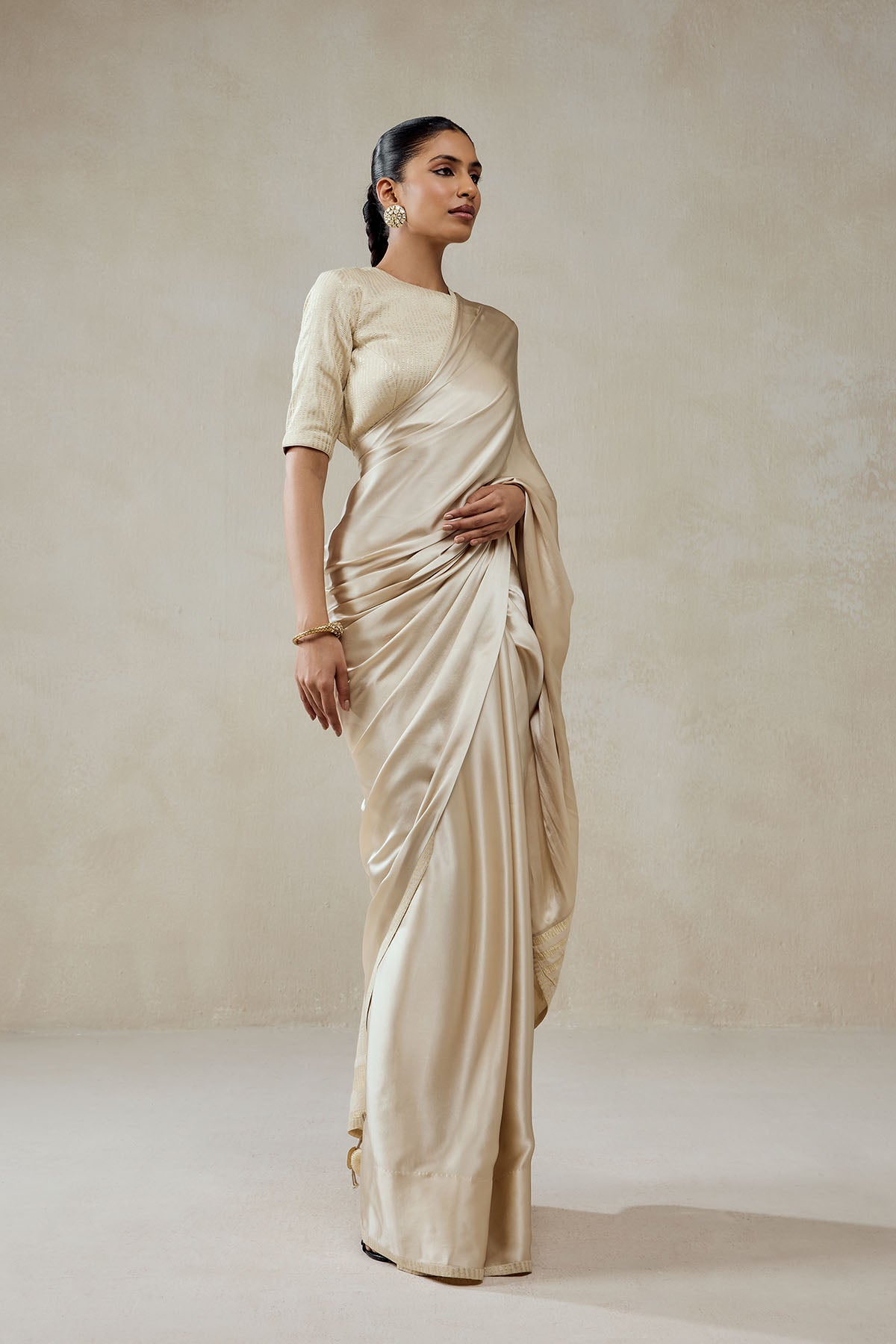 Ivory Monga Tissue Gold Striped Saree Set