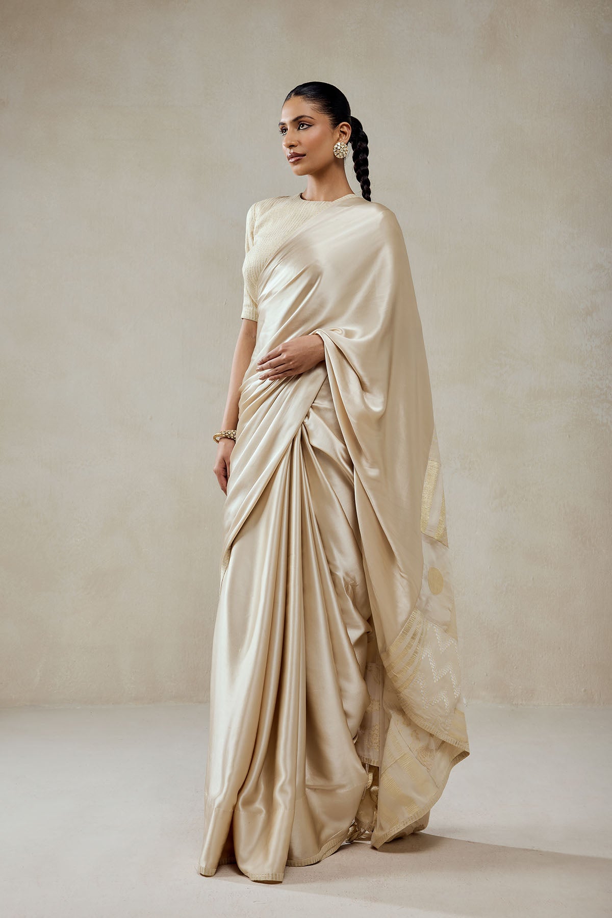 Ivory Monga Tissue Gold Striped Saree Set