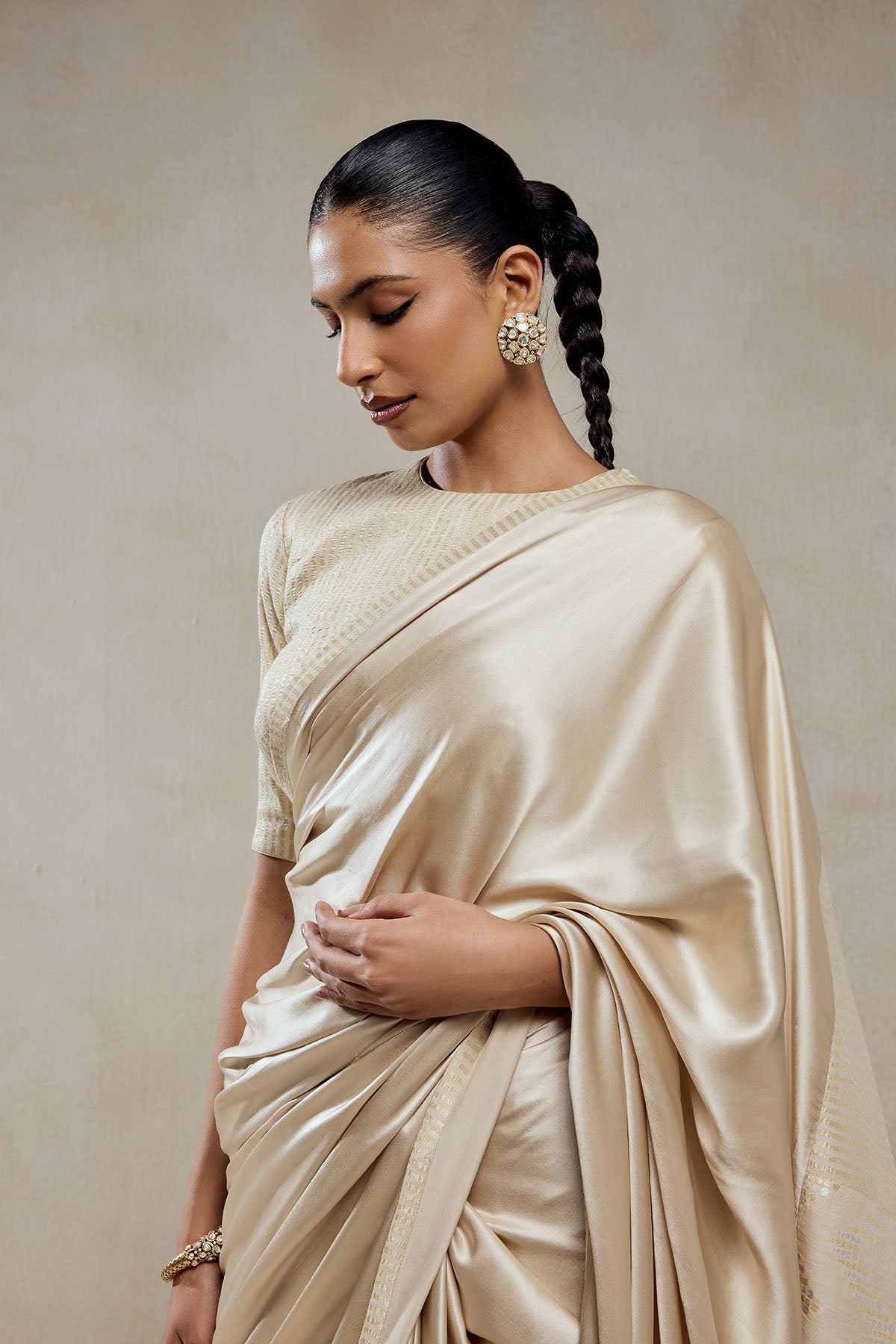 Ivory Monga Tissue Gold Striped Saree Set