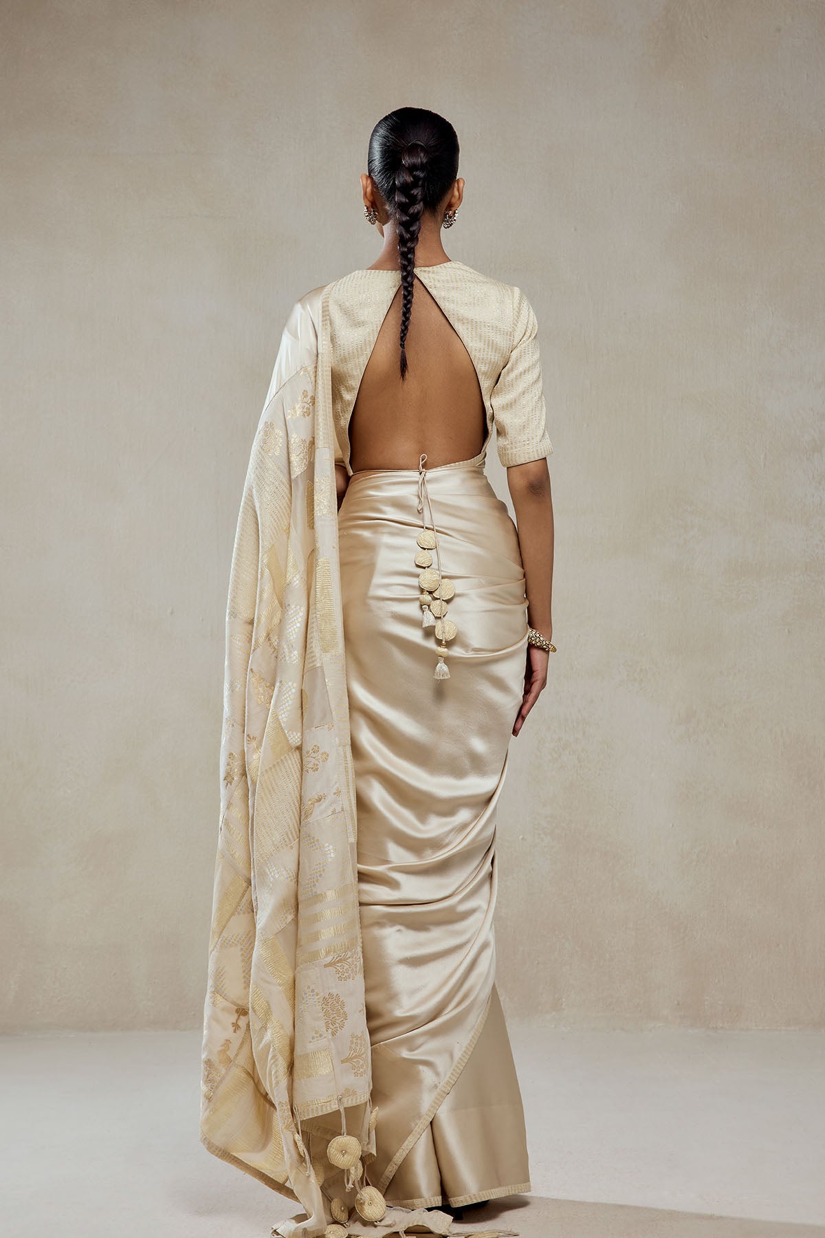 Ivory Monga Tissue Gold Striped Saree Set
